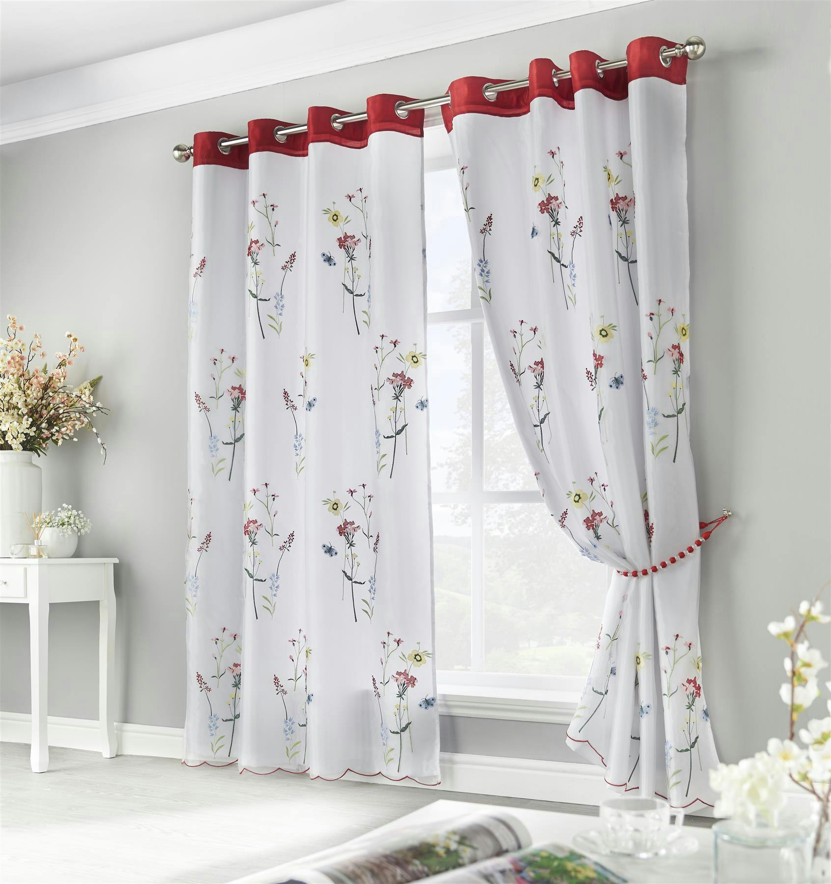 Rackhams Red/Light Spring Embroide Voile Curtains - 145Cm Width X 137Cm Drop