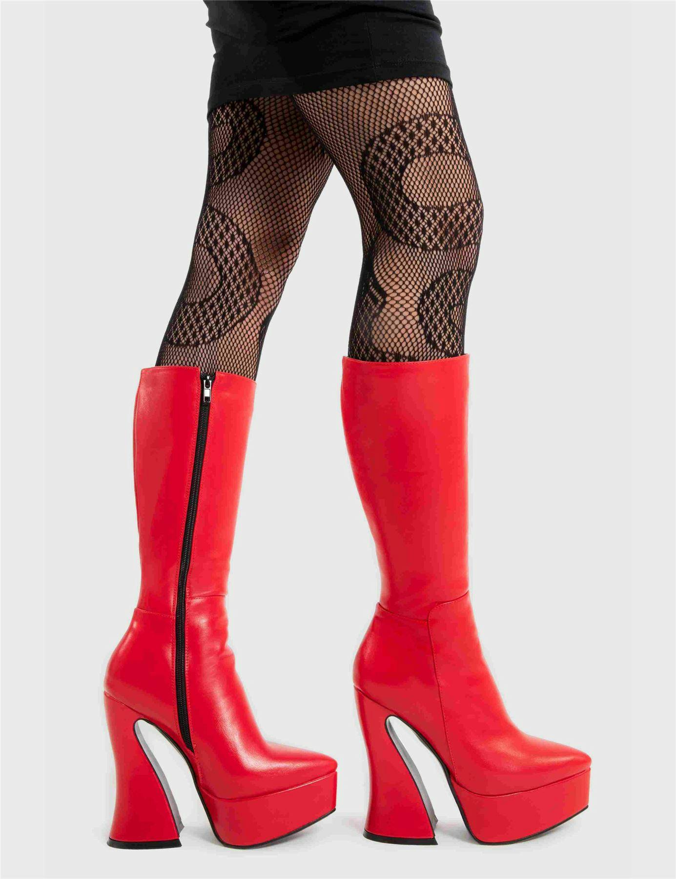 Lamoda Women's Red Sketchy Pu Chunky Platform Calf High Boots Square Toe Uk 7 - Uk7