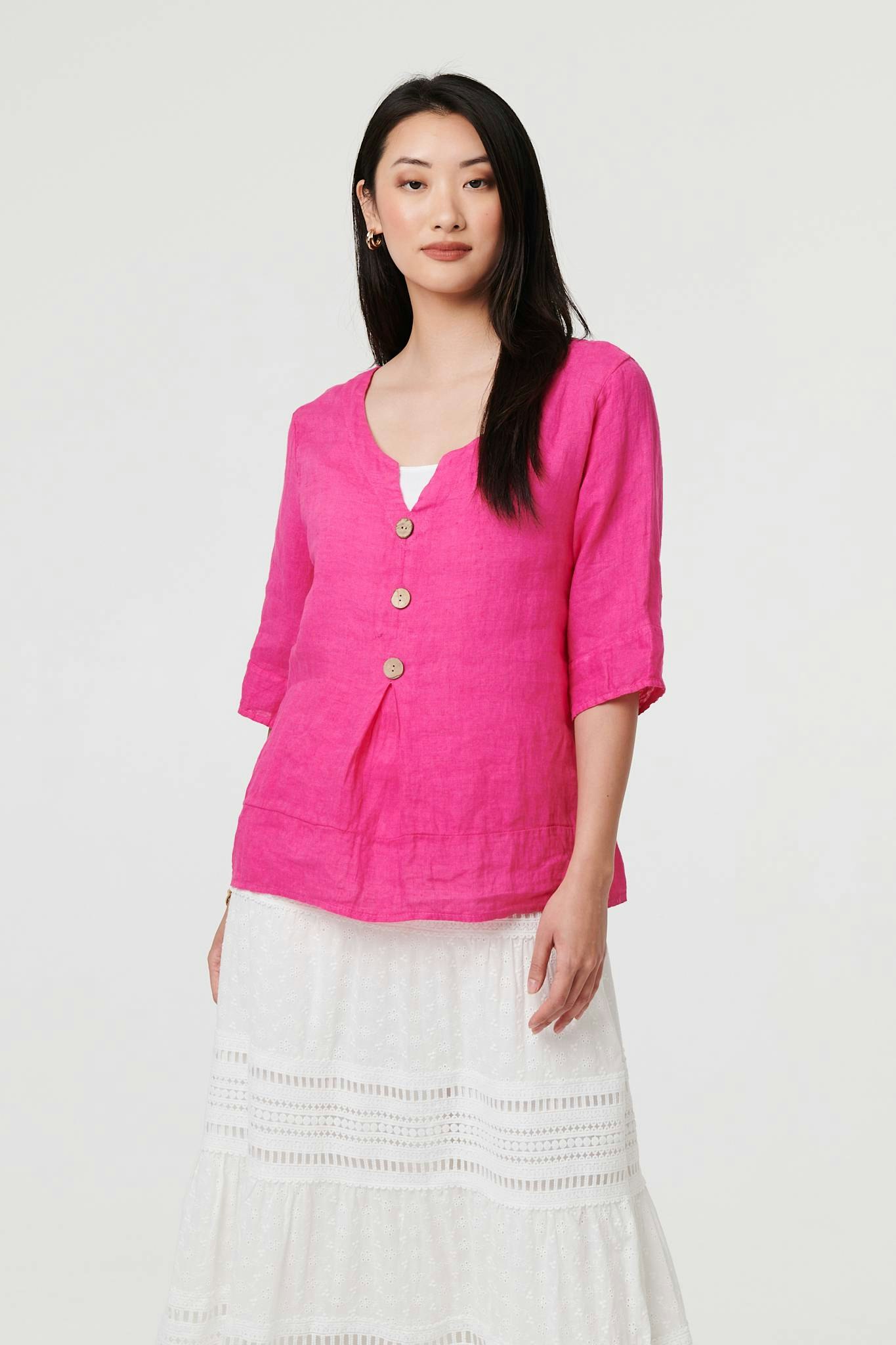 Izabel London Pink Button Detail 3/4 Sleeve Relaxed Blouse - 12