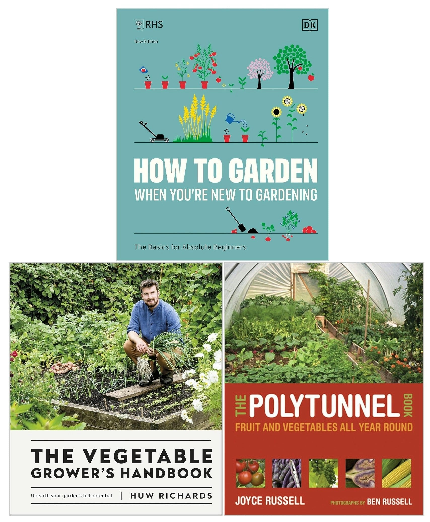 Various Publishers The Vegetable Grower's Handbook, Rhs How To Garden When You're New To Gardening And The Polytunnel Book 3 Books Collection Set