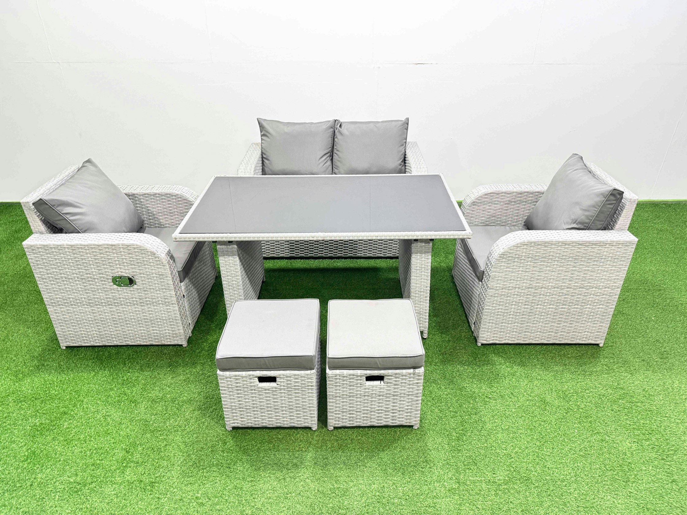 Fimous Outdoor Rattan Garden Furniture Dining Set 6 Seater Patio Rectangular Table Love Sofa Reclining Chair Set With 2 Small Stools