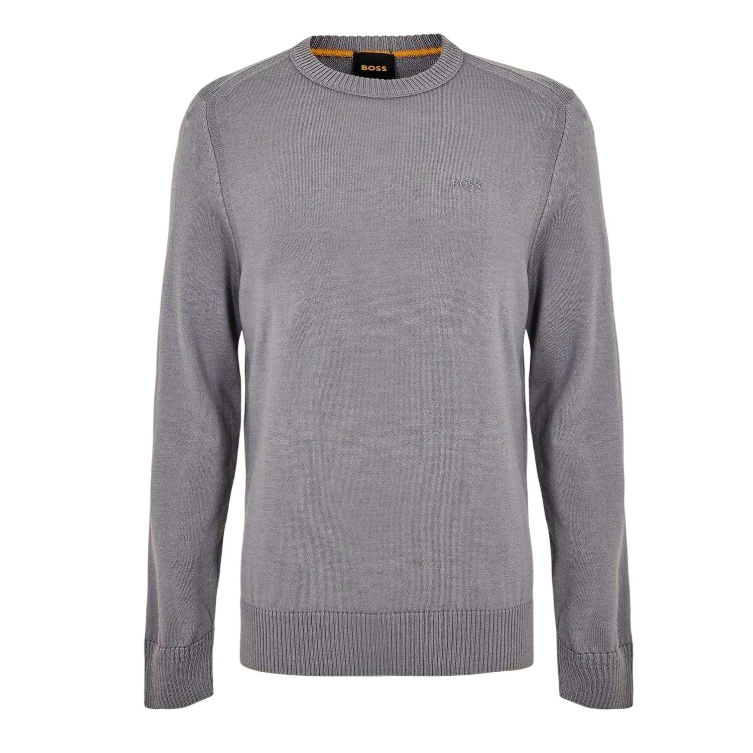 Boss Men's Grey Embroidered Ribbed Crew Neck Sweater Top - S - 100% Virgin Wool