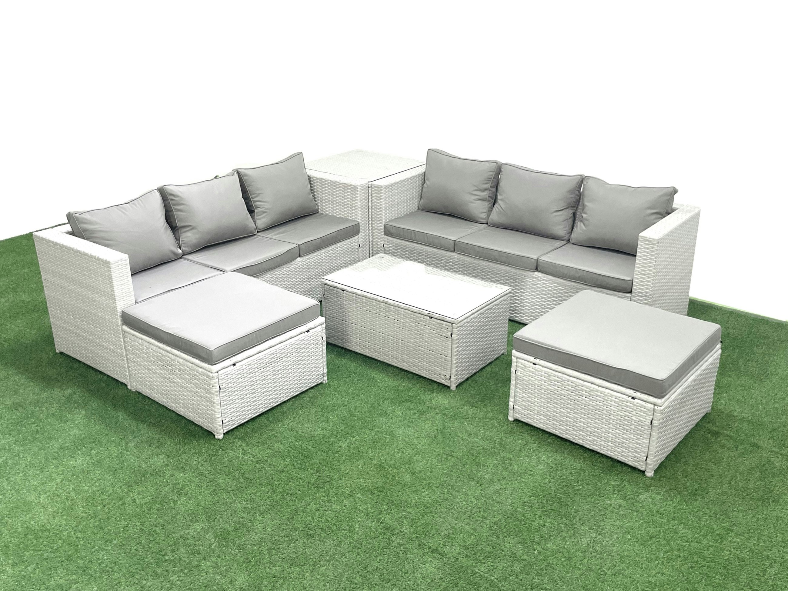 Rackhams Light/Grey Garden Outdoor Pe Rattan Furniture Set 8 Seater Rattan Garden Sofa Set With 2 Big Footstools Side Table Mixed