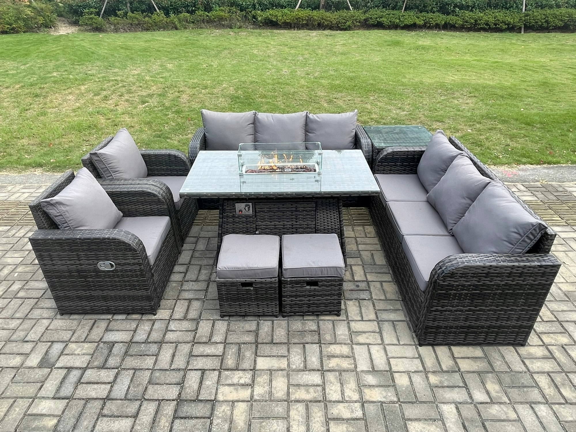 Fimous Dark/Grey Rattan Outdoor Garden Furniture Set With Gas Fire Pit Dining Table, Side Table, 2 Chairs, 2 Sofas, 2 Footstools - 10 Seater