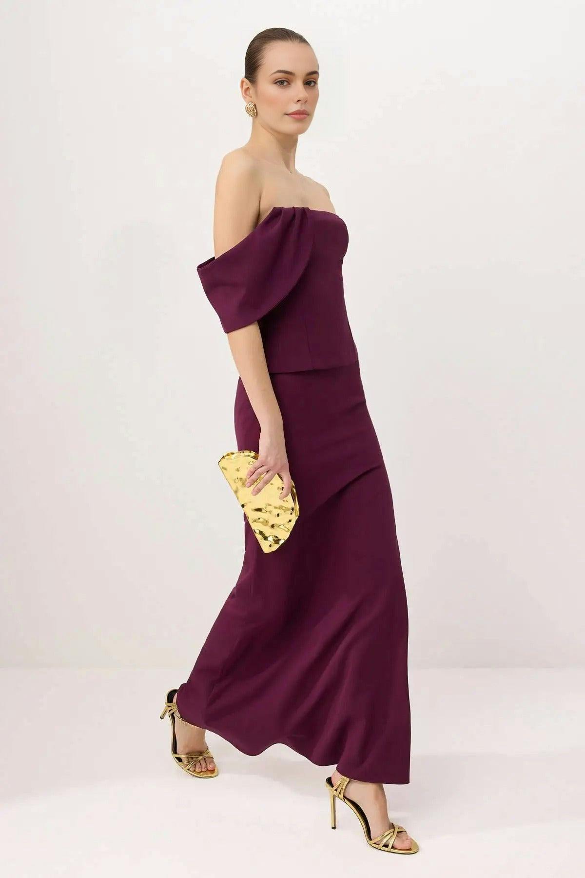 Wovcor Strapless Woven Finike Maxi Evening Dress - Plum - 14