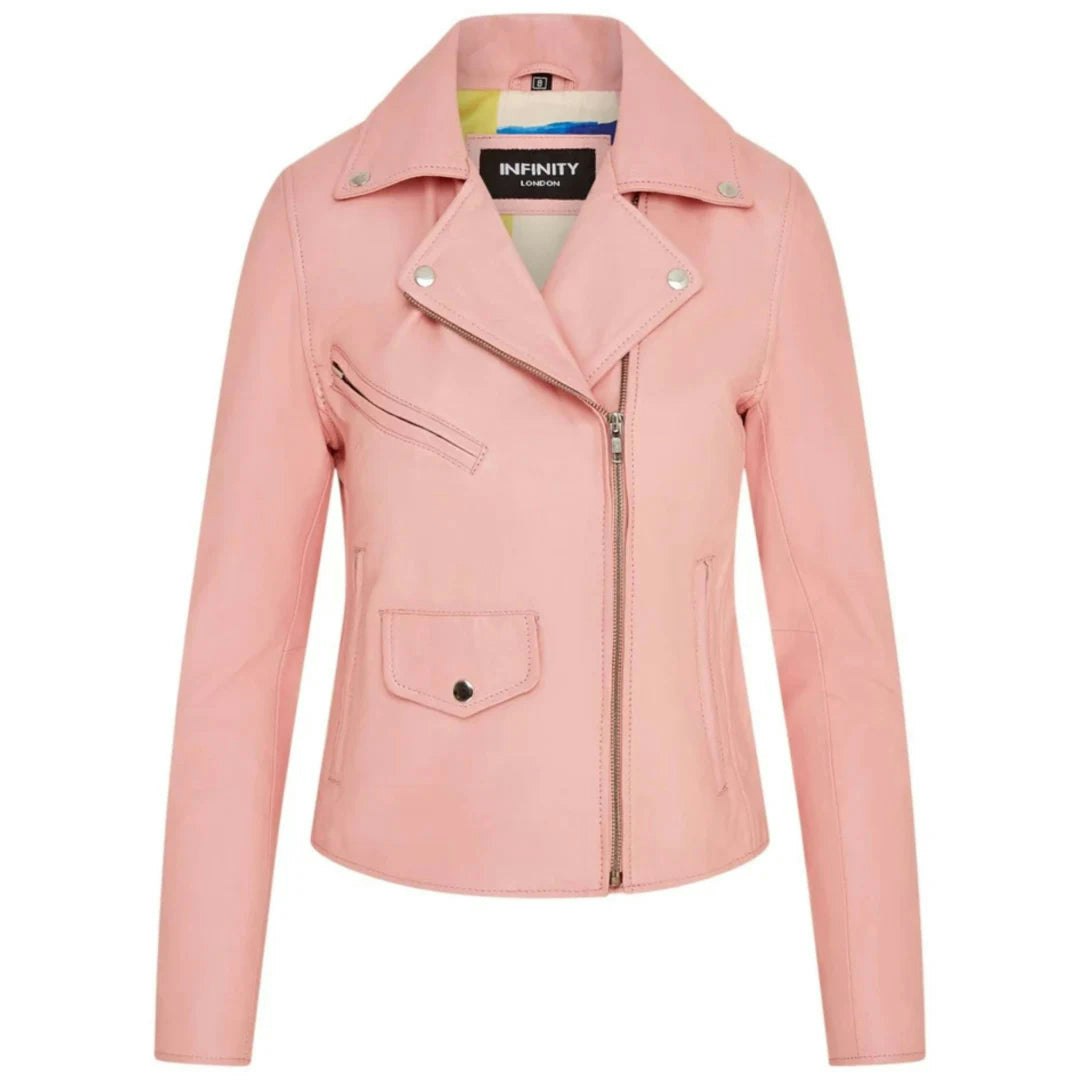 Infinity Leather Women's Pink Leather Company Real Leather Brando Style Biker Jacket - Uk 14