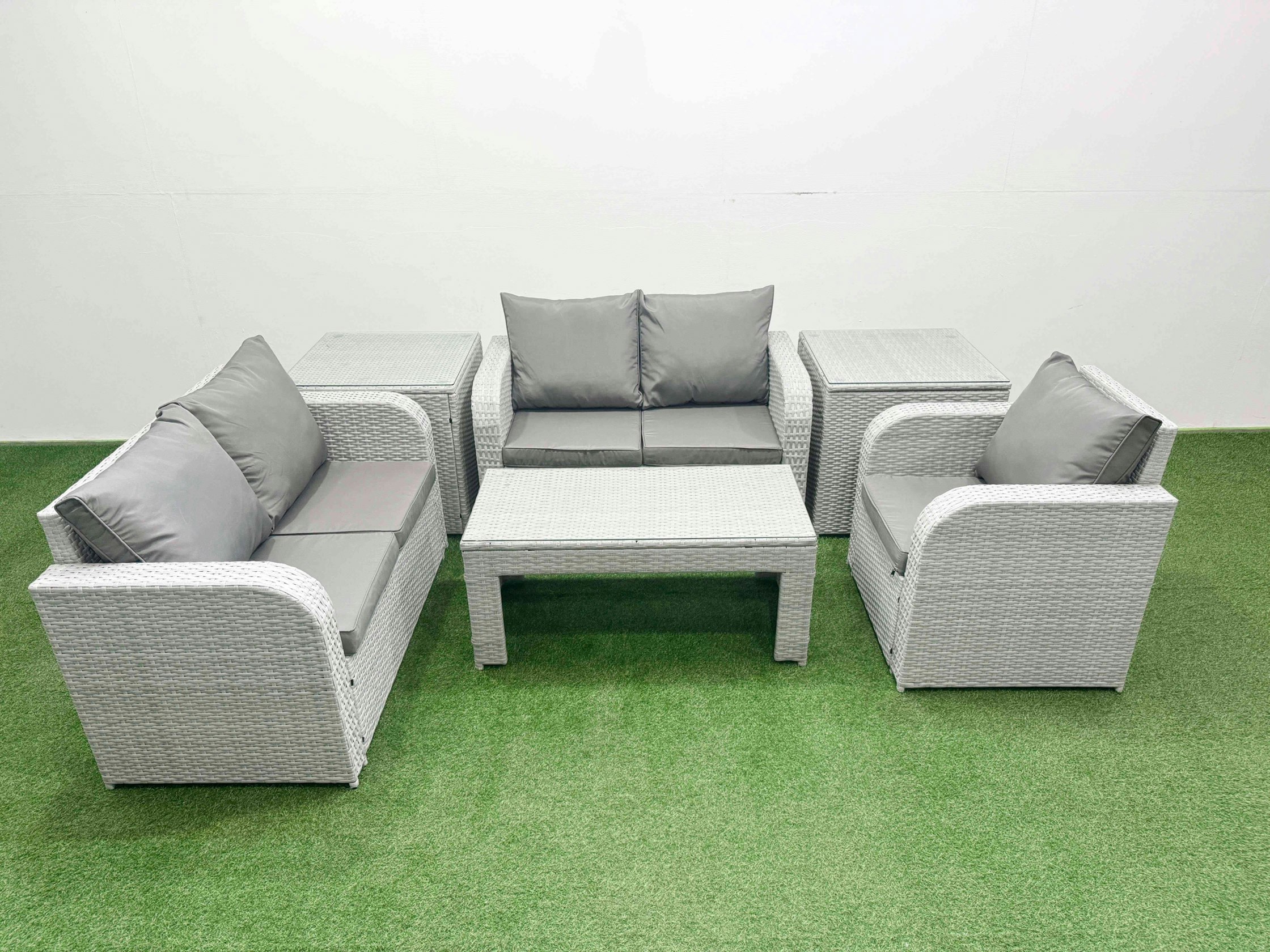 Fimous Light/Grey High Back Poly Rattan Garden Furniture Set - Indoor/Outdoor Patio Set With Reclining Chair & Oblong Coffee Table