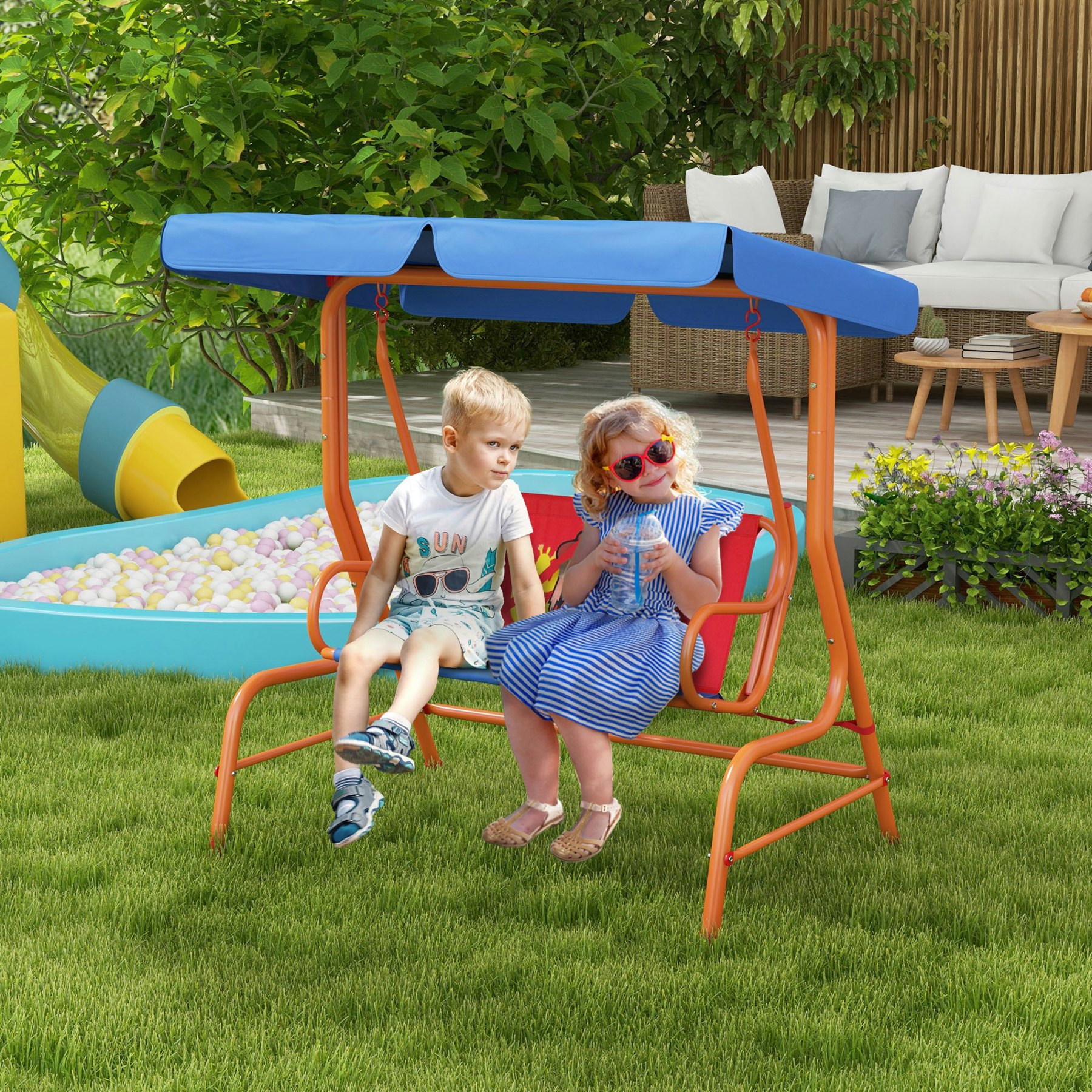 Rackhams 2 Seater Kids Swing Chair, Cowboy Themed With Adjustable Canopy