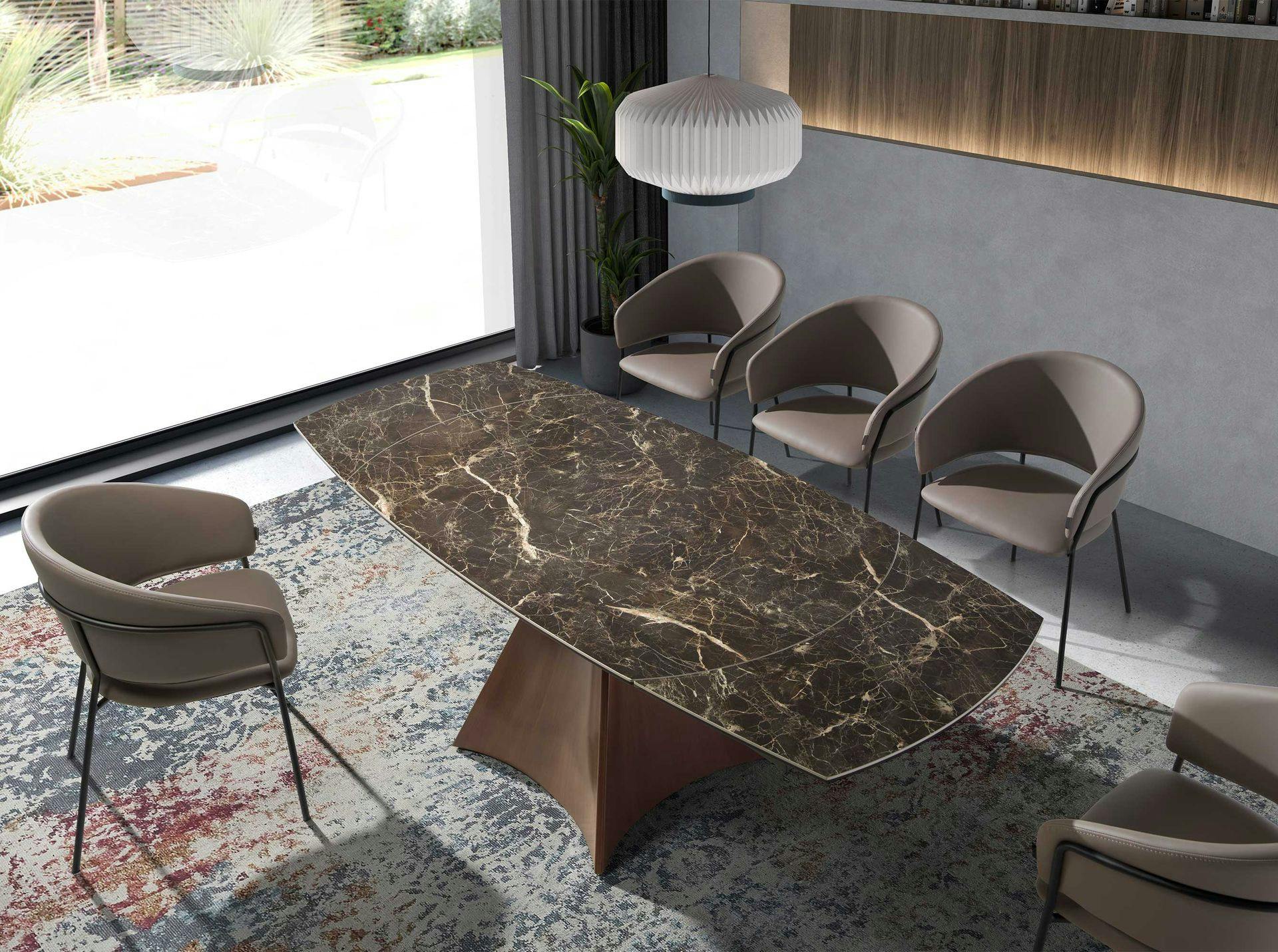 Rackhams Brown/Cream Oval Barrel Porcelain Marble And Walnut Effect Steel Extending Dining Table 1113
