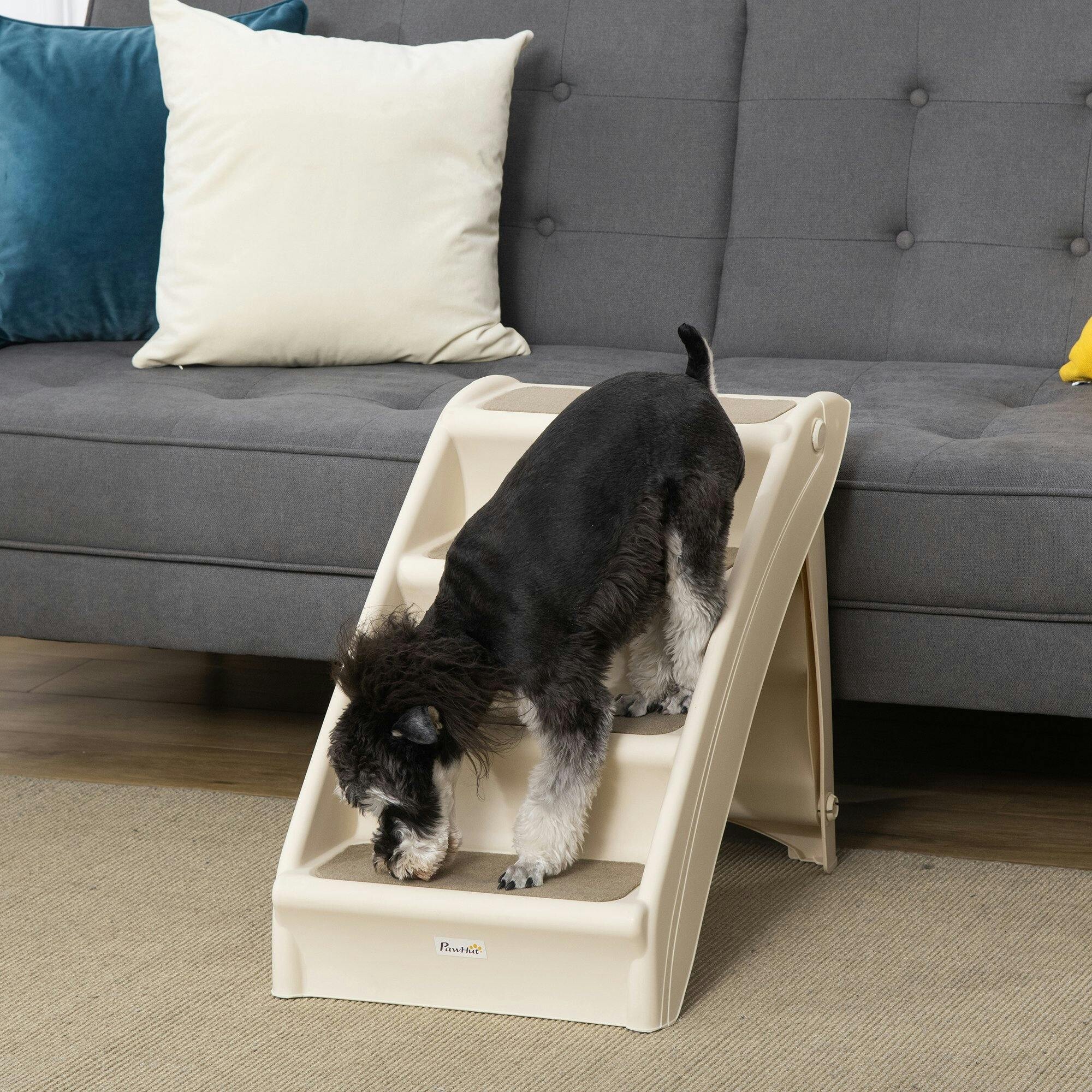 Pawhut Beige Four-Step Foldable Pet Stairs W/ Non-Slip Mats, For S, Xs Dogs