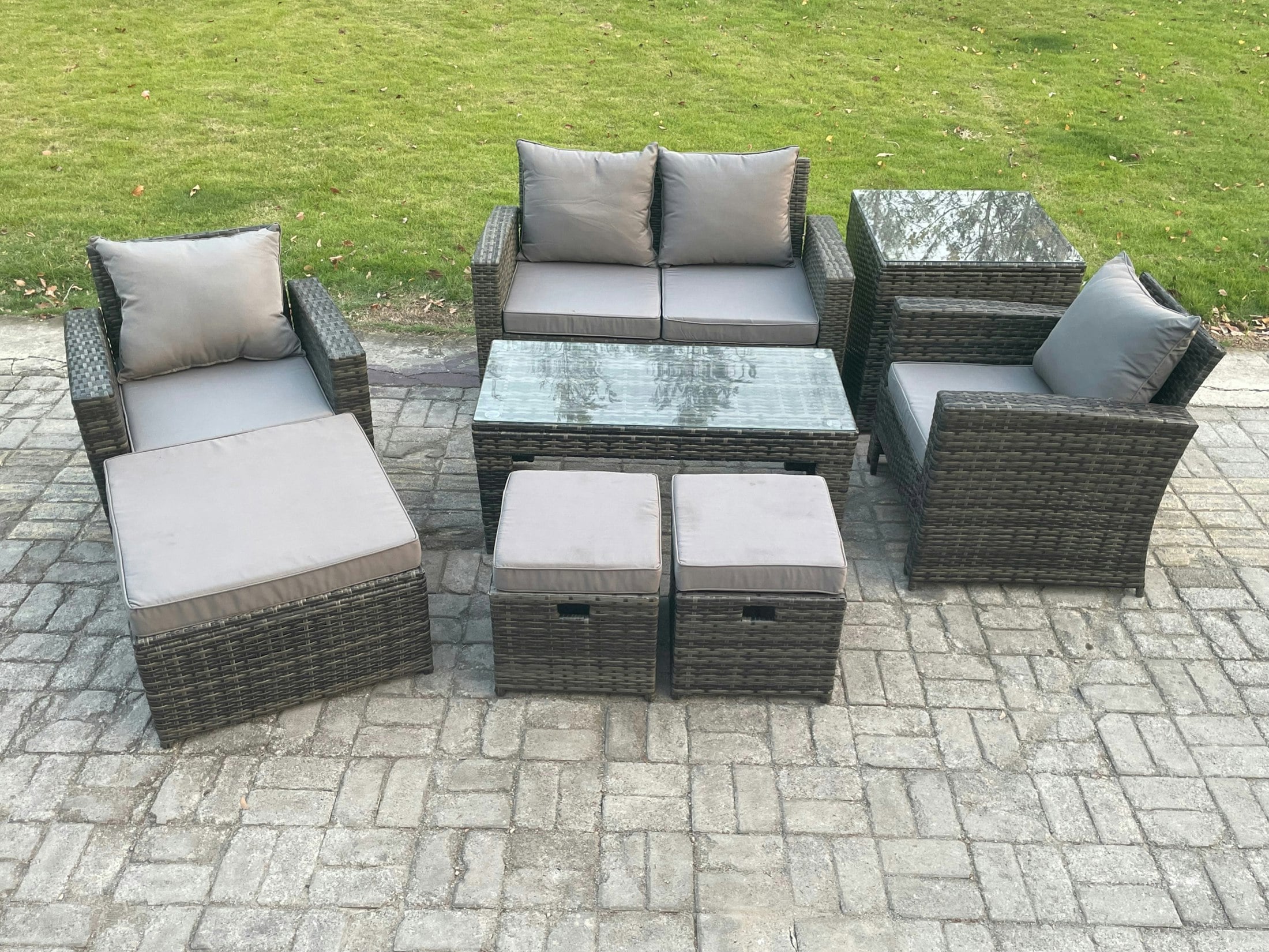Rackhams Dark/Grey 7 Seater Outdoor Rattan Garden Furniture Set Patio Lounge Sofa Set With Coffee Table 3 Footstools Side Table Mixed