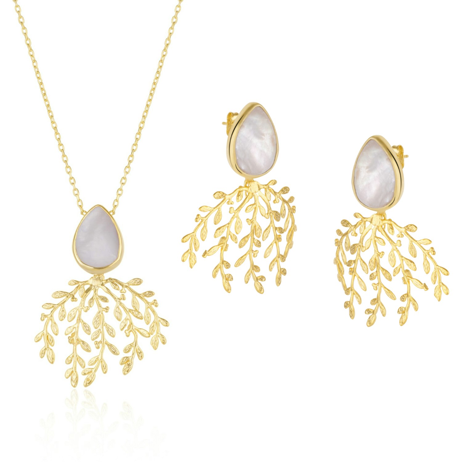 Spero London Silver Mother Of Pearl Olive Branch Sterling Earring & Necklace Set
