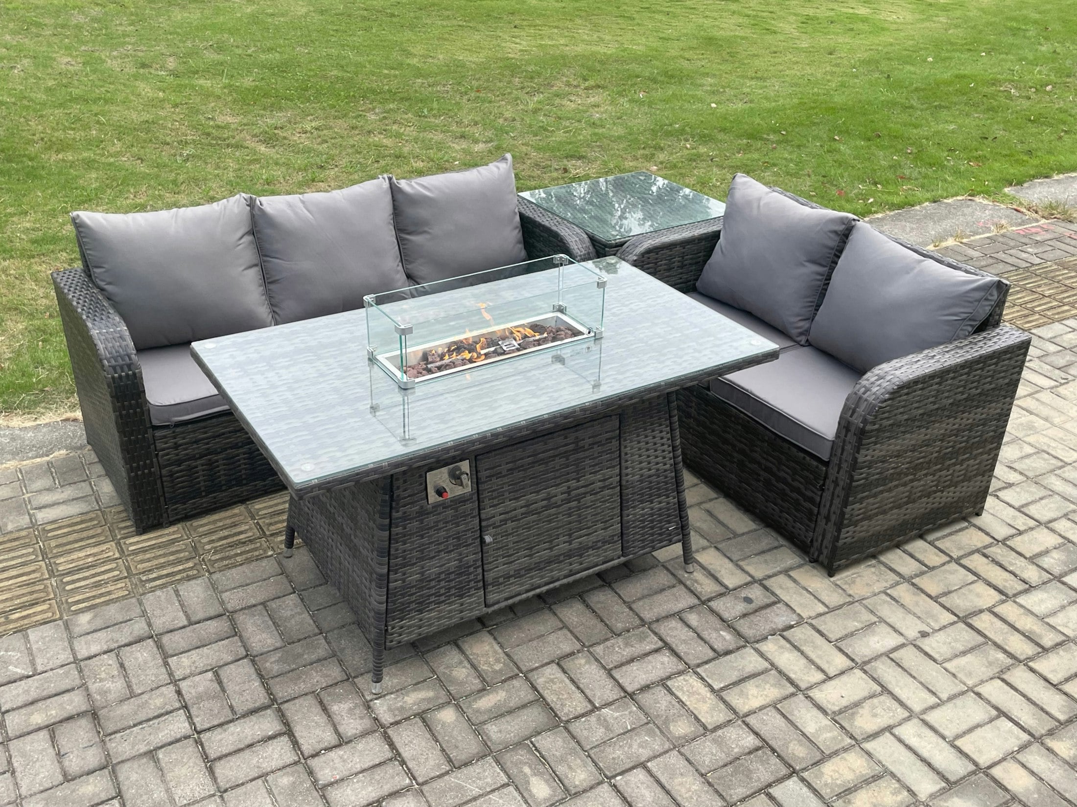 Rackhams Dark/Grey Rattan Garden Furniture Set With Gas Fire Pit Table,Side Table 4 Pieces Outdoor Lounge Sofa Set Mixed