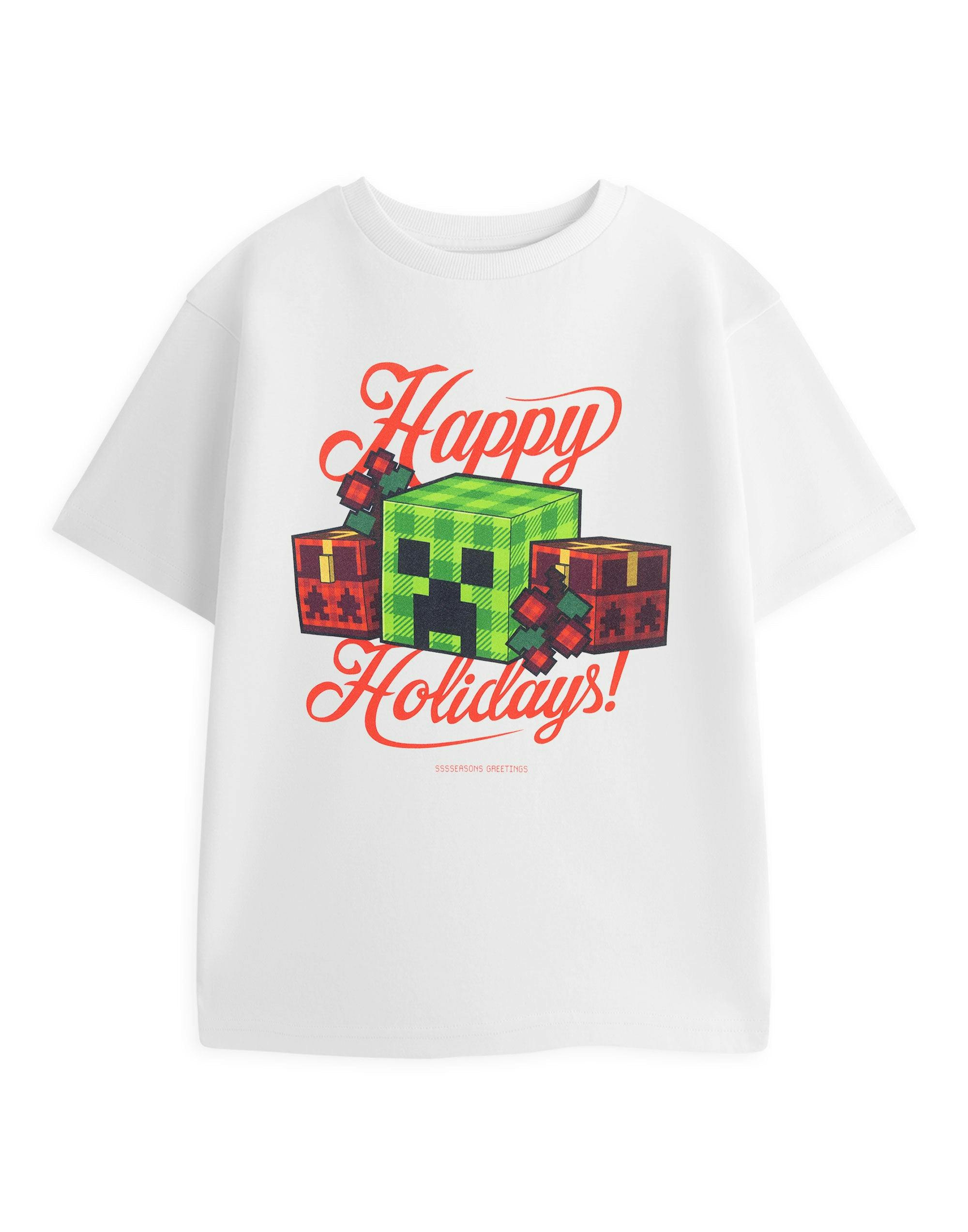 Vanilla Underground Boys White Minecraft Happy Holidays Short Sleeved T-Shirt - 3-4 Years