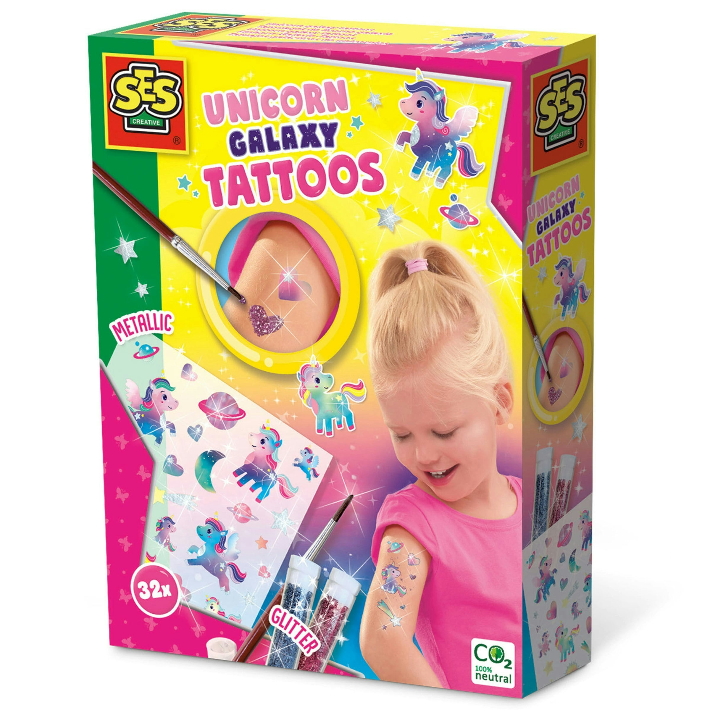 SES Creative Unicorn Galaxy Tattoos - 32 Metallic Unicorn Tattoos, Pink & Blue Glitter, Skin-Safe Glue, Ages 5+ - Image 3