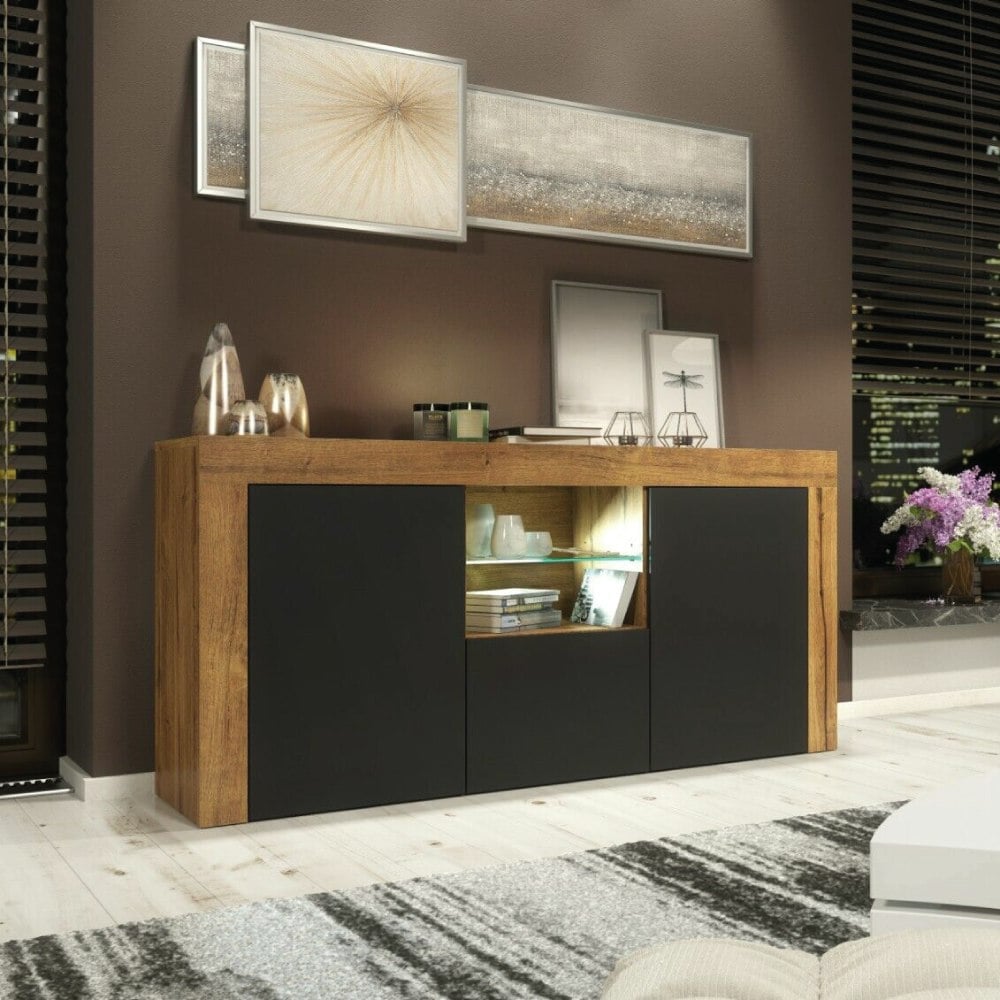 Rackhams Black Modern 145Cm Tv Unit, Cabinet Stand & With Matt Doors & Free Led - 145 Cm - 1 - Oak Matt Body & Matt Doors