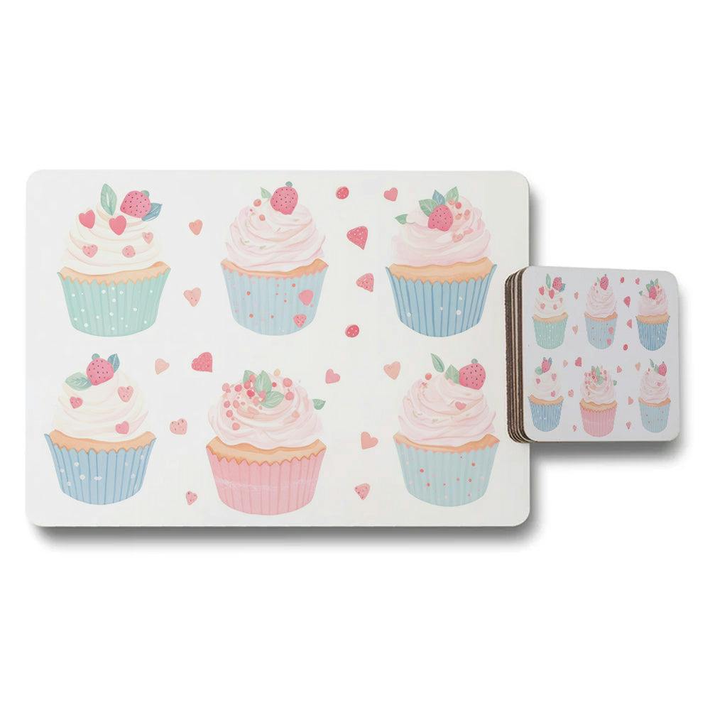 Rackhams Light/Blue/Pink Pastel Cupcake Placemats And Coaster Set For Dining Table
