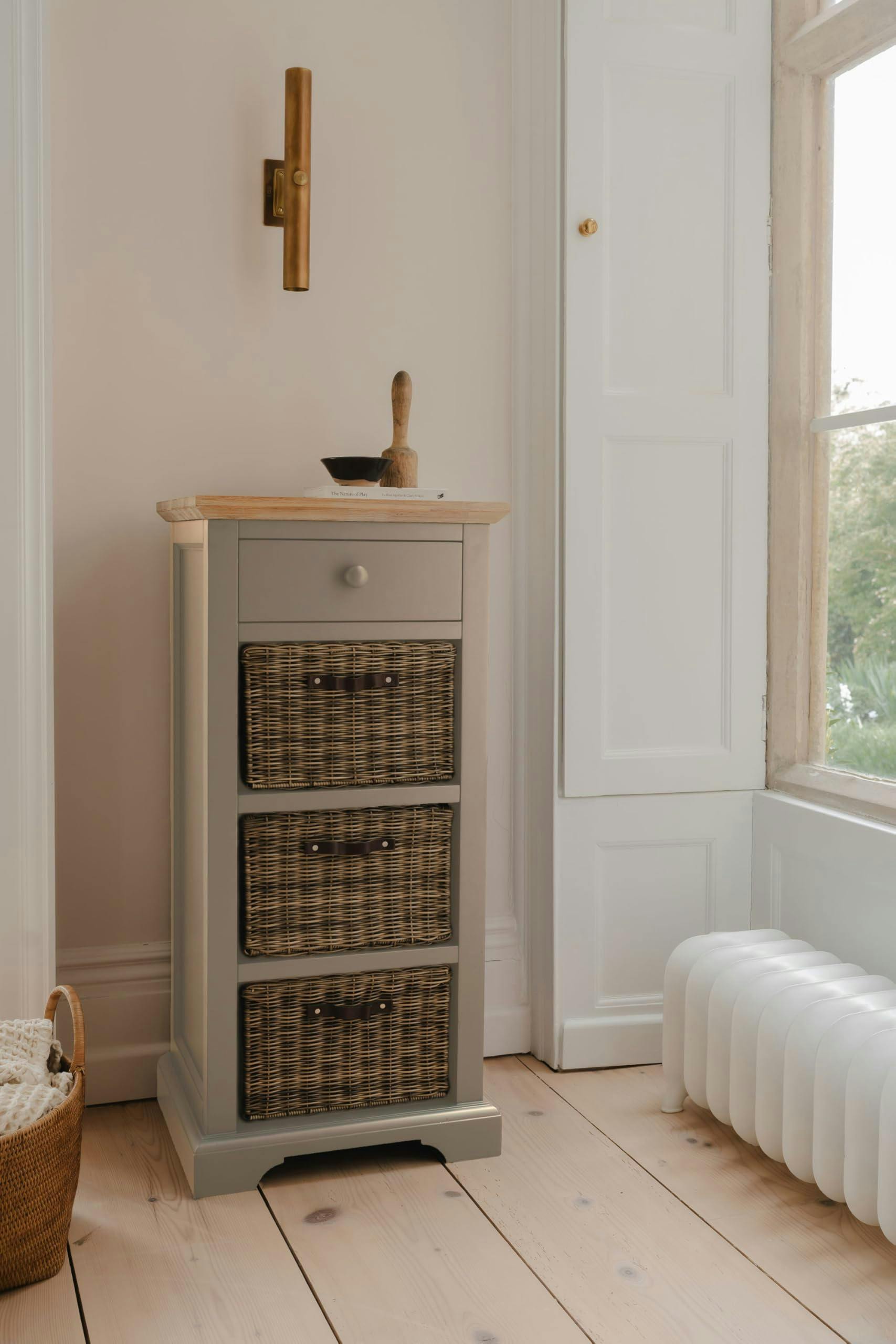 Rackhams Beige Florence Tallboy With Drawer And 3 Storage Baskets - Truffle,