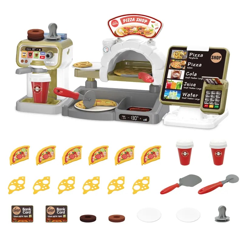 Deao Toys Green Pretend Play Coffee Shop Set 30-Piece Kids Coffee Maker Playset With Pizza Shop And Cash Register - 3+