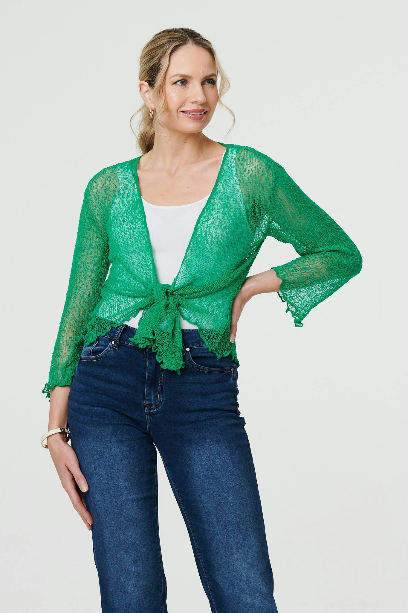 Izabel London Green Sheer 3/4 Sleeve Open Front Cardigan - One