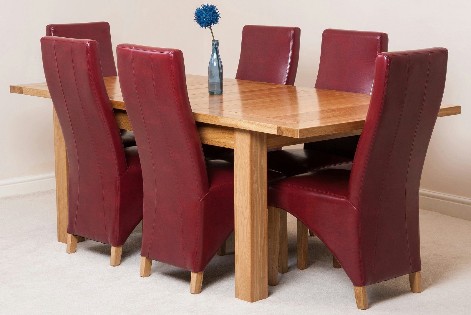 That's Furniture Burgundy Seattle Oak Extending Dining Table With Lola Leather Chairs - 6 Chairs
