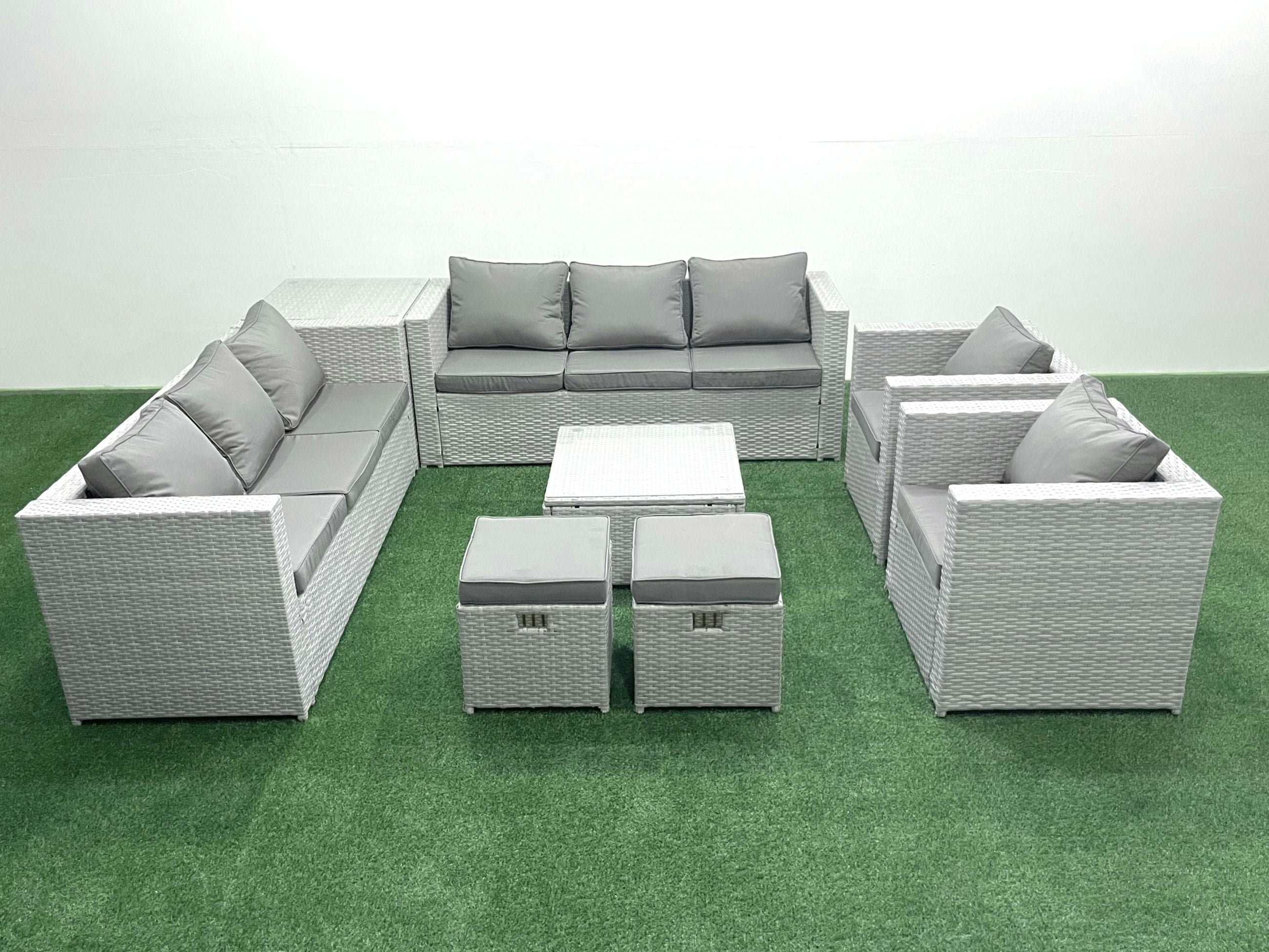 Fimous Light/Grey Outdoor Rattan Sofa Garden Furniture Set With 2 Armchairs Square Coffee Table 2 Small Footstools Side Table Mixed