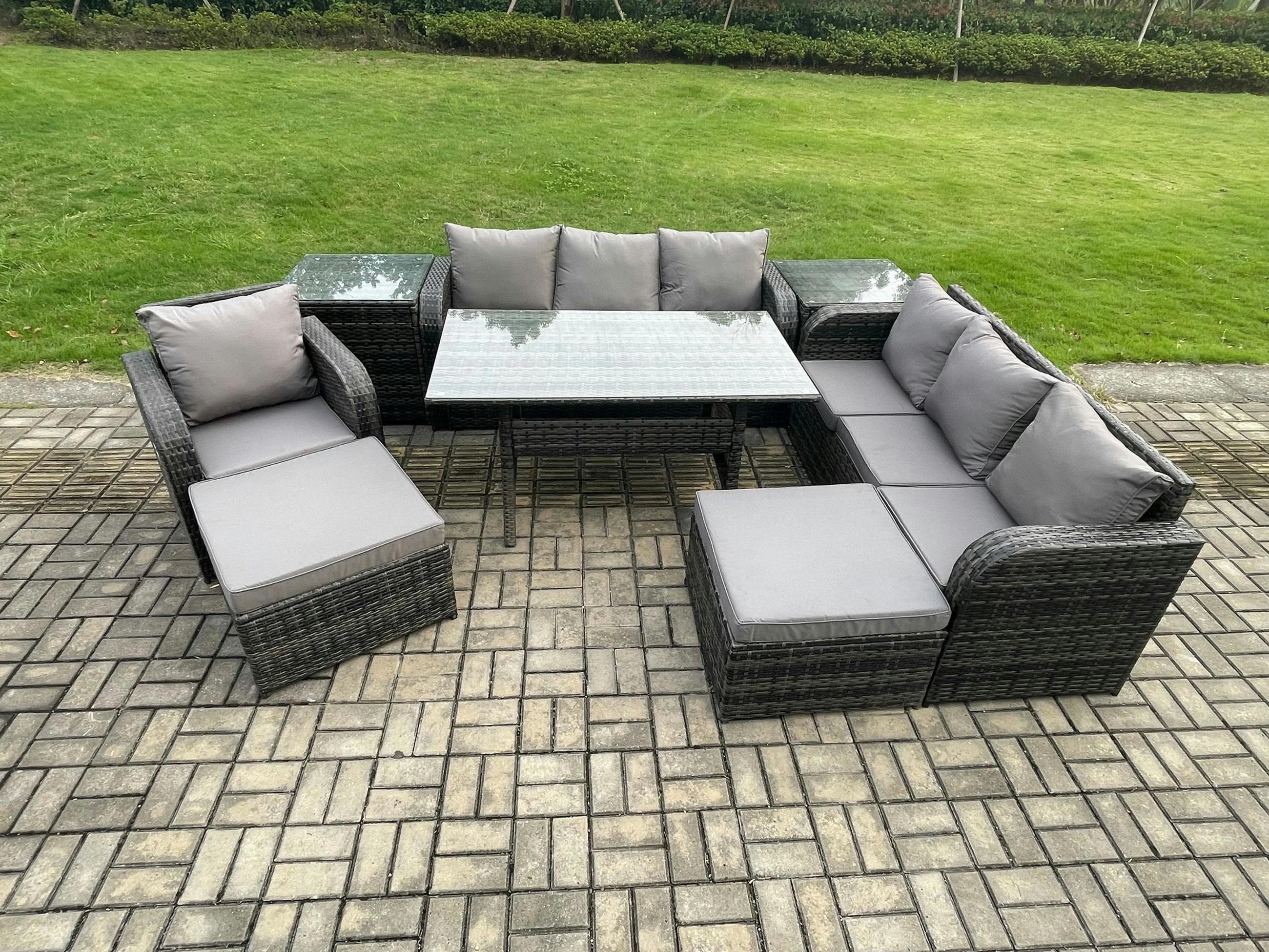 Rackhams Dark/Grey 9 Seater Rattan Garden Furniture Set With Dining Table, 2 Sofas, 1 Reclining Chair, 2 Footstools & 2 Side Tables