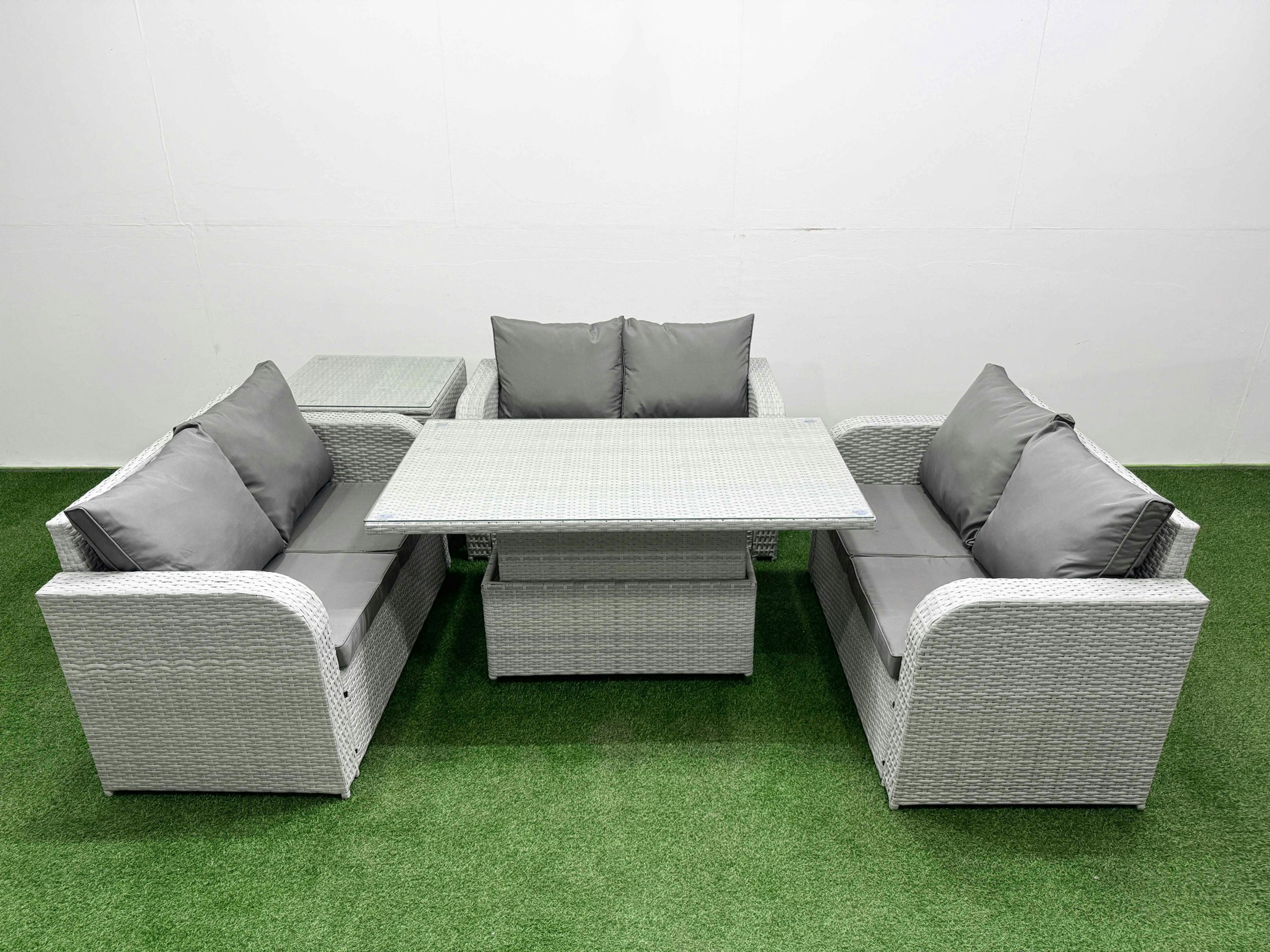 Fimous Light/Grey 6 Seater Pe Wicker Rattan Furniture Sofa Sets With Adjustable Lifting Dining Or Coffee Table 2 Seater Love Sofa Side Table