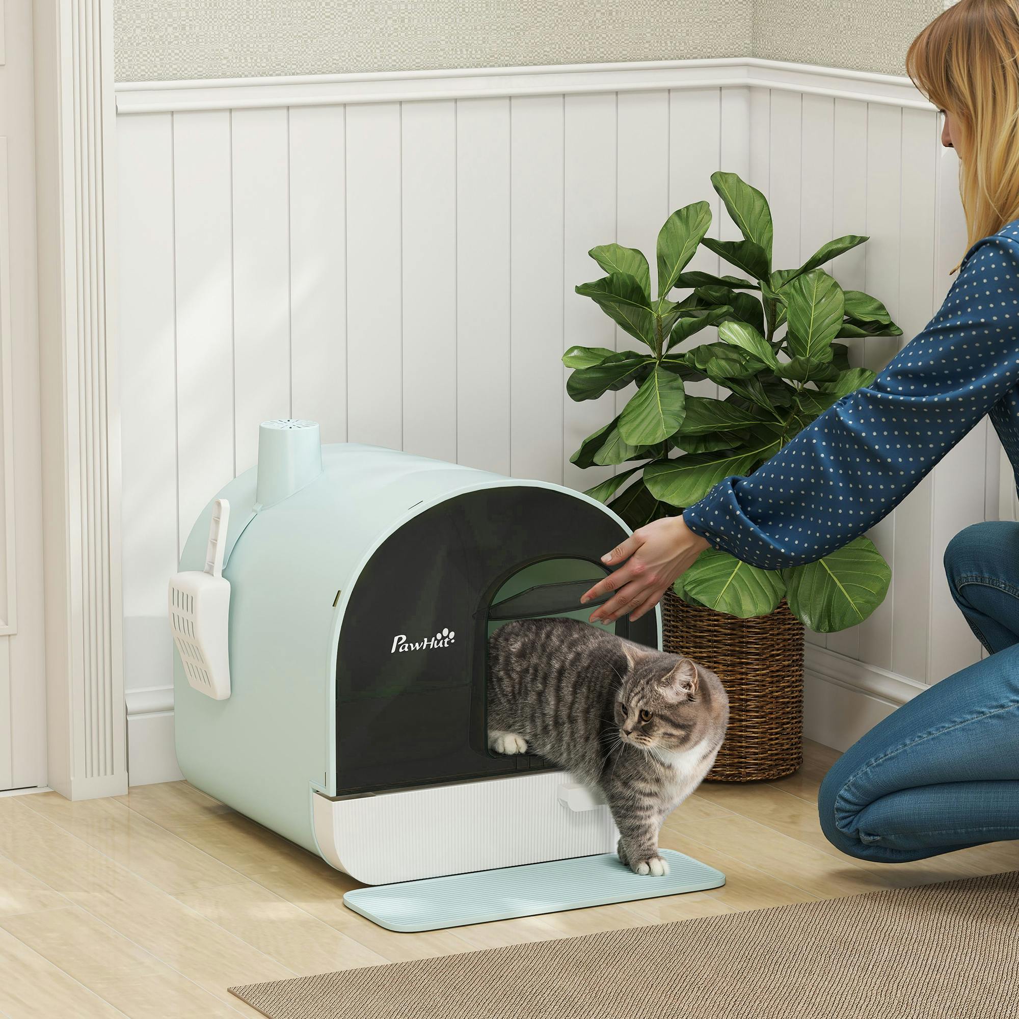 Pawhut Cat Litter Box Kitten Litter Tray W/ Lid, Scoop, Filter, Flap Door