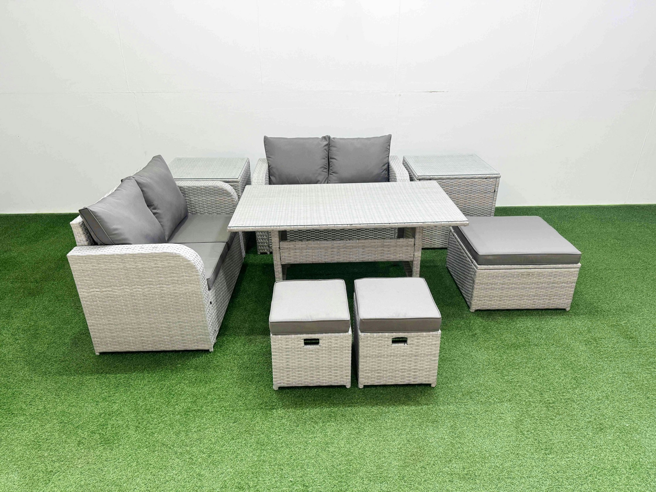 Fimous Light/Grey 7 Seater Outdoor Love Sofa Set Rattan Garden Furniture Set With Rectangular Dining Table 3 Footstool 2 Side Tables