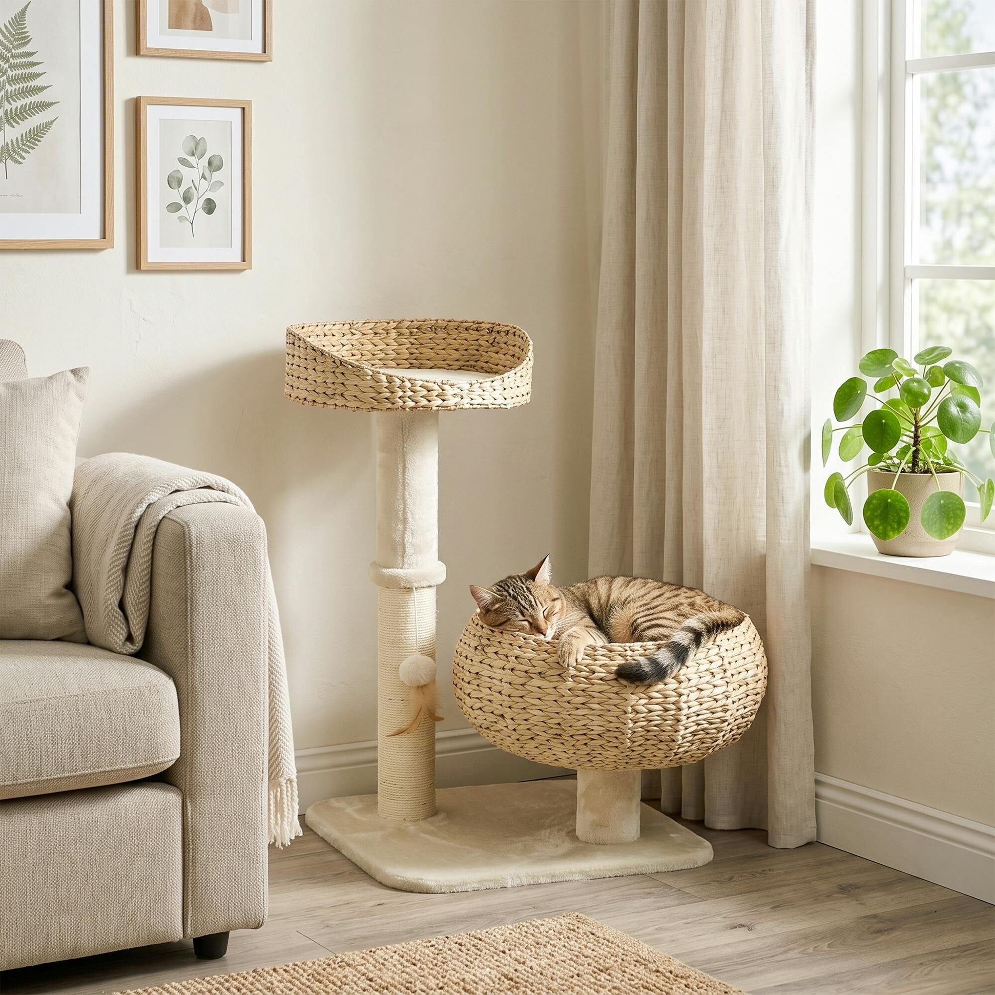 Pawhut Beige 72Cm Cat Tree Kitten Tower With 2 Beds Scratching Post Toy Ball