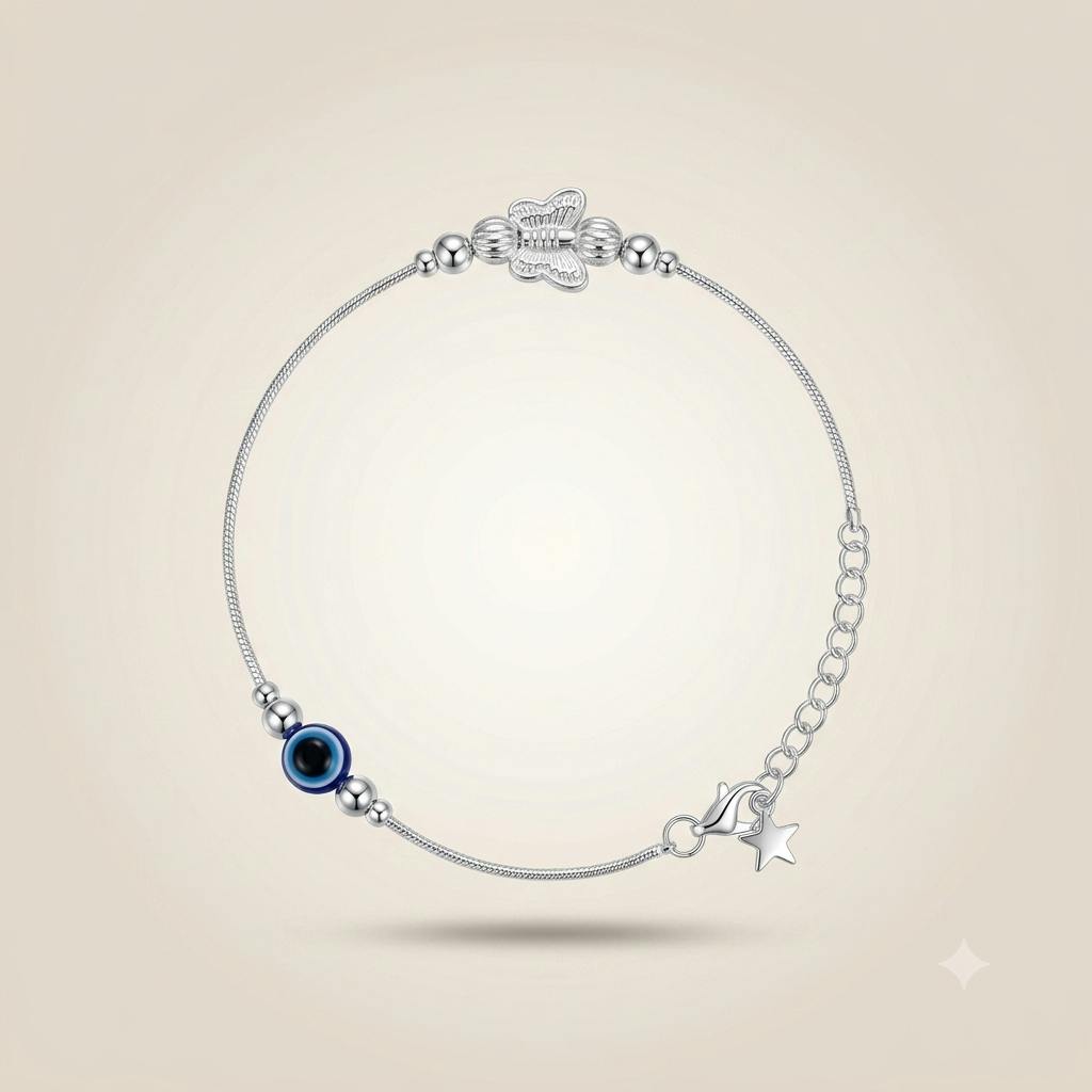 The Colourful Aura Silver Plated Evil Eye Anklet With Butterfly & Star Charm