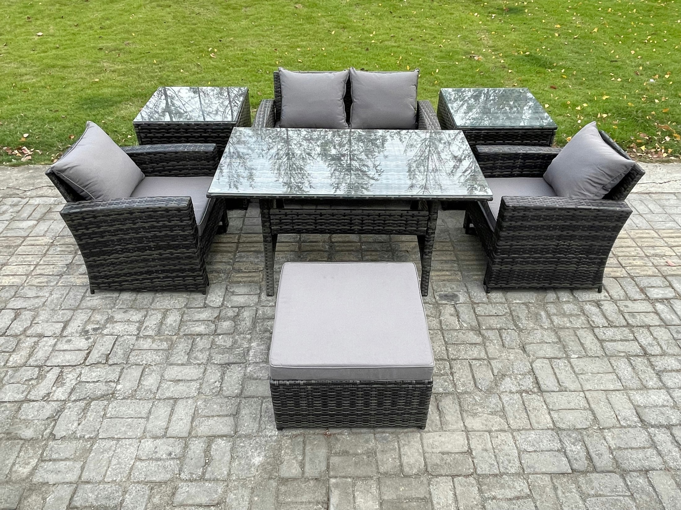 Fimous Dark/Grey 5 Seater Pe Wicker Outdoor Garden Furniture Set Patio Furniture Rattan Rectangular Dining Table Lounge Sofa With 2 Side Tables Big Footstool