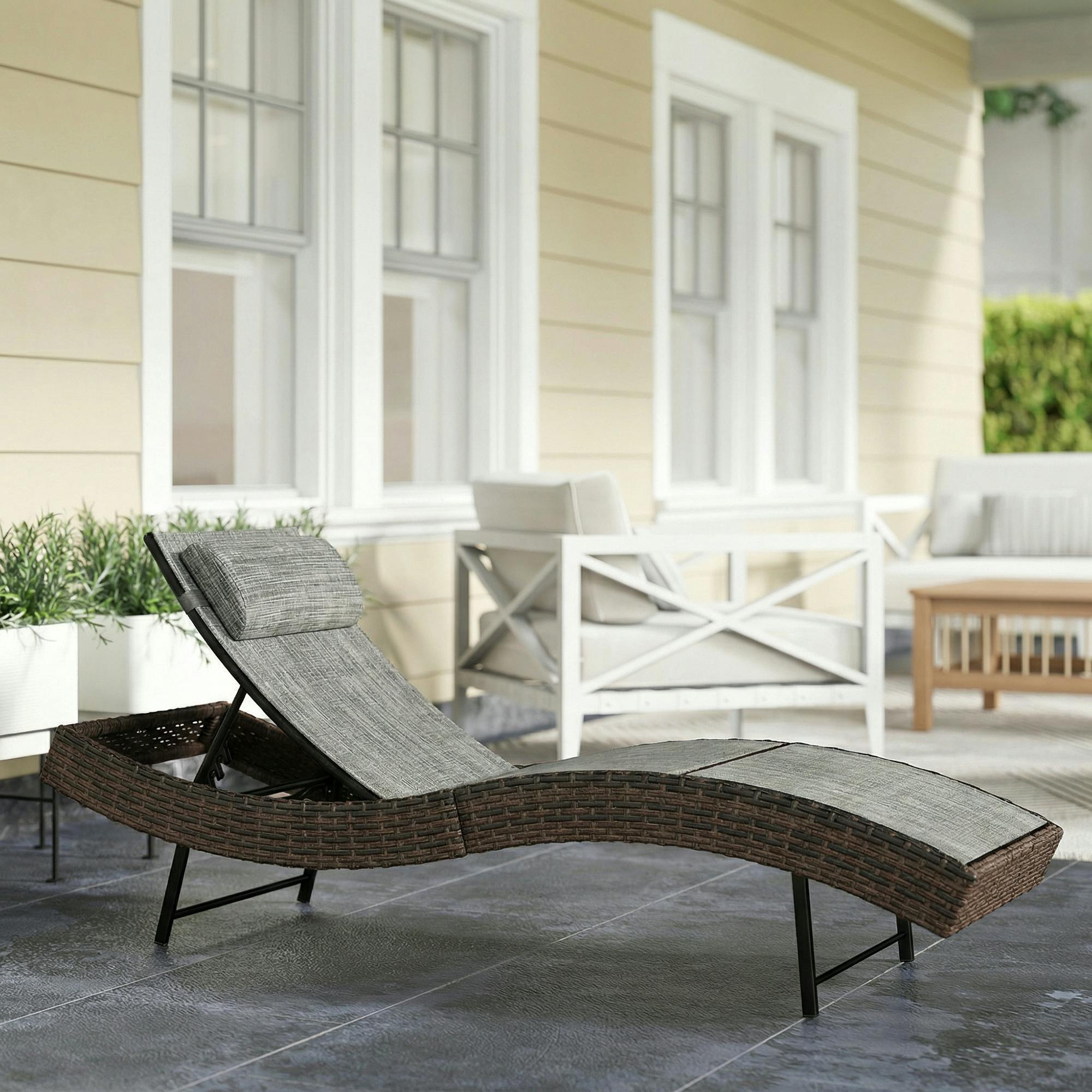 Rackhams Brown Rattan Sun Lounger With 5 Position Back, Texteline Seat - 198 X 60 X 44 Cm