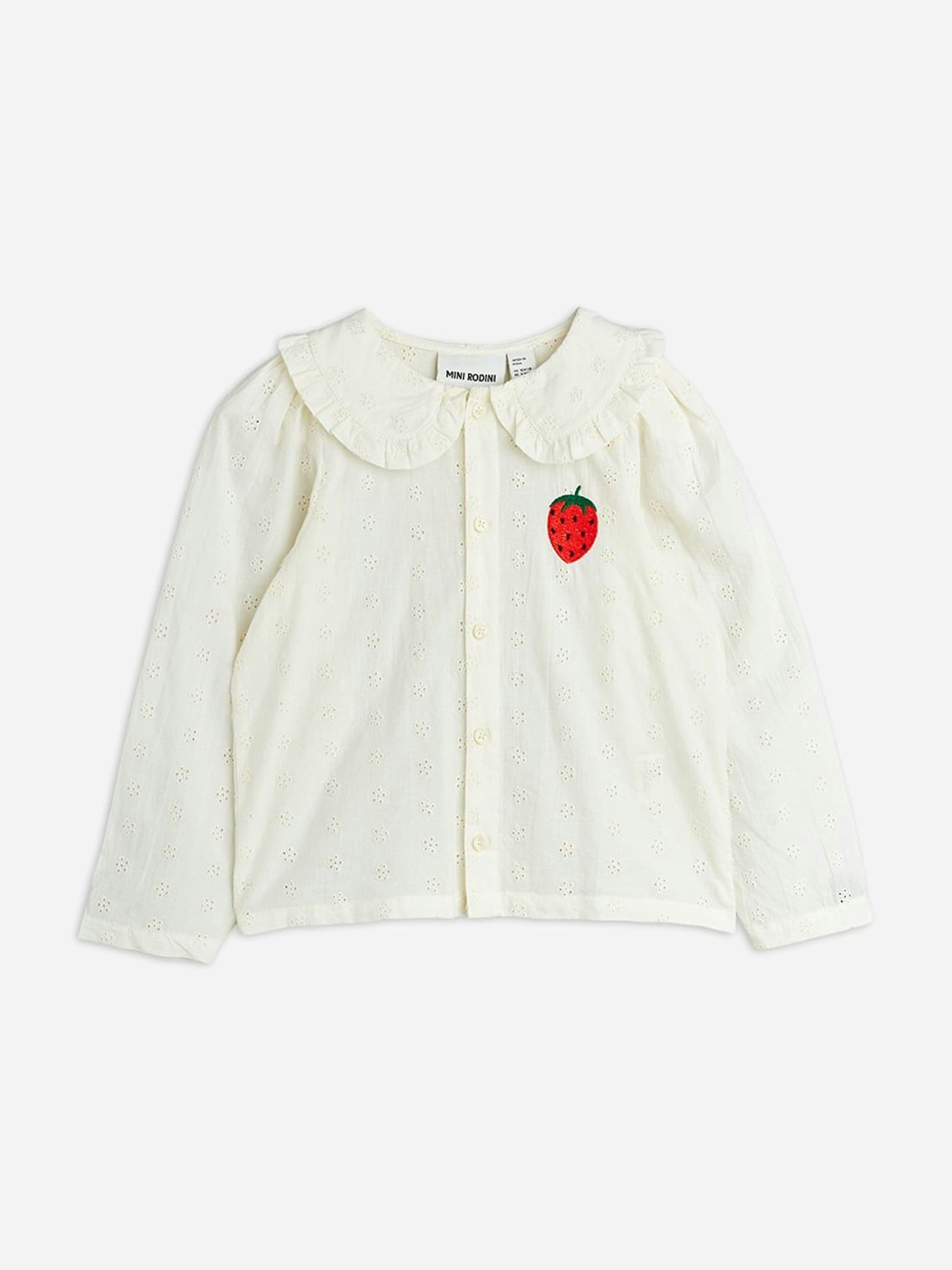 Mini Rodini Girls White Embroidered Strawberry Schiffli Blouse In - 92-98 Cm (1.5-3 Yrs)