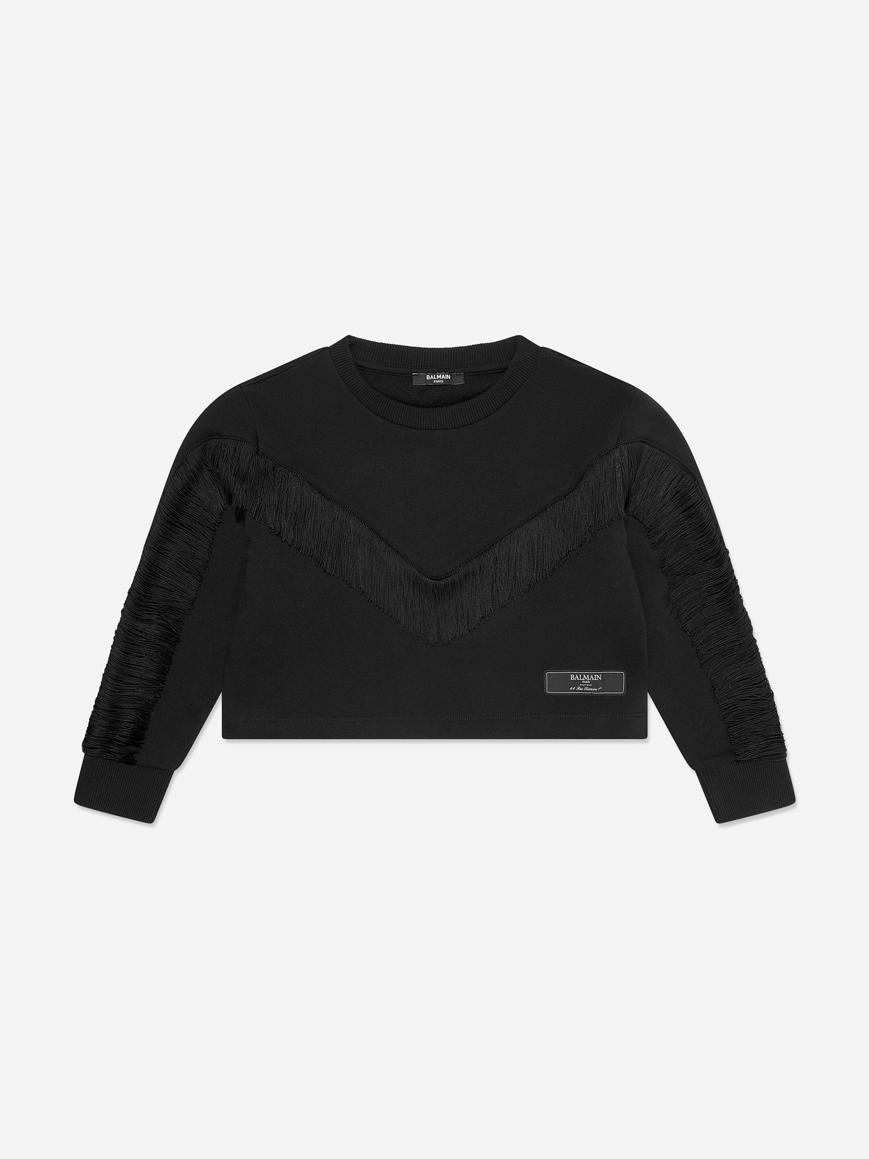 Balmain Girls Black Fringed Sweatshirt In - 12 Yrs