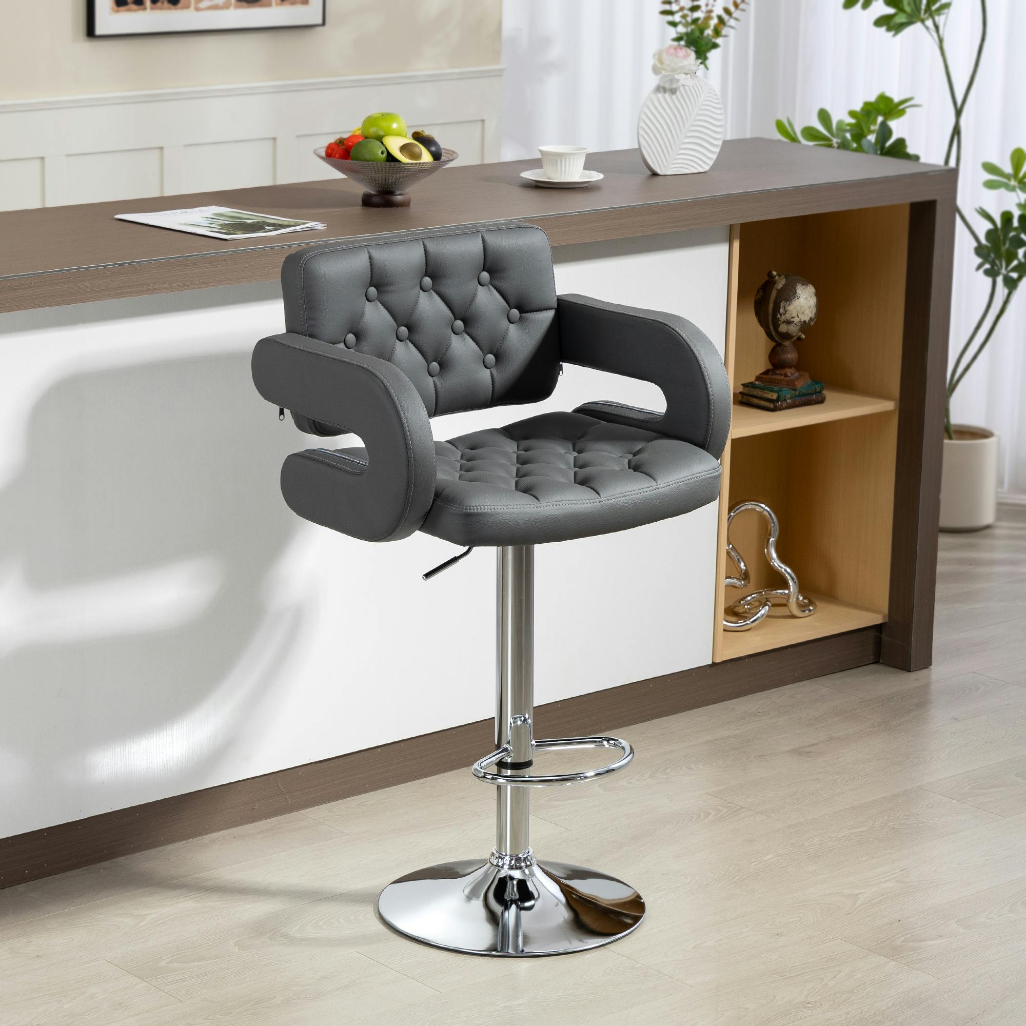 Rackhams Brown/Grey Adjustable Height Barstool Steel Pole Pu Leather,