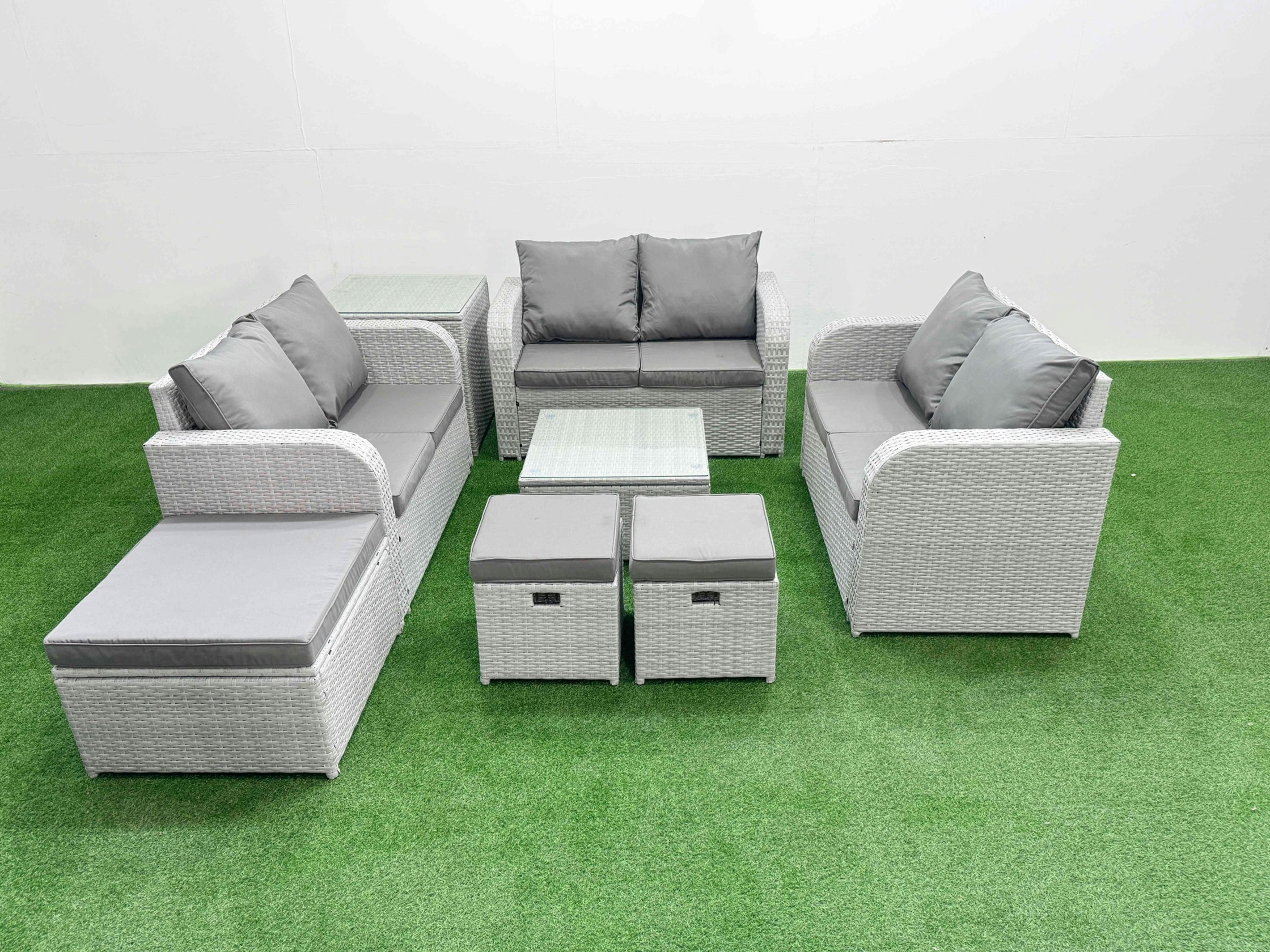 Fimous Light/Grey 9 Seater Pe Wicker Rattan Furniture Sofa Sets With Square Coffee Table 2 Seater Love Sofa 3 Stool Side Table