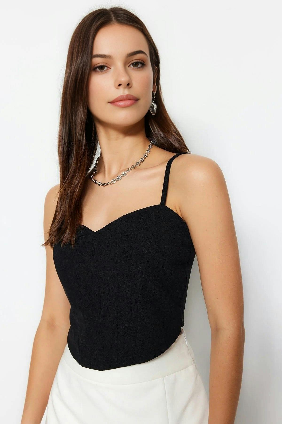 Wovcor Black Fitted Crop Adjustable Strap Sweetheart Neck Bustier - Xs