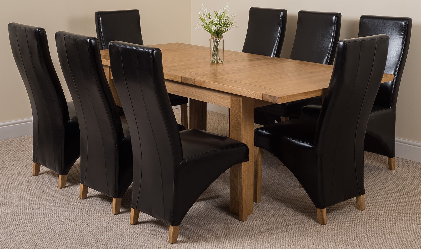 That's Furniture Black Seattle Oak Extending Dining Table With Lola Leather Chairs - 8 Chairs