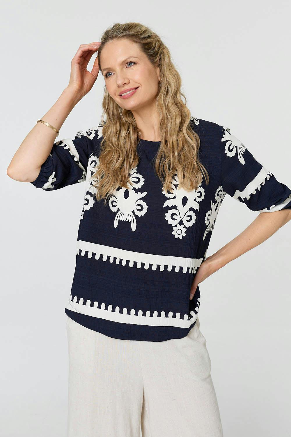 Izabel London Ikat Print 3/4 Sleeve Blouse - 18 - Navy