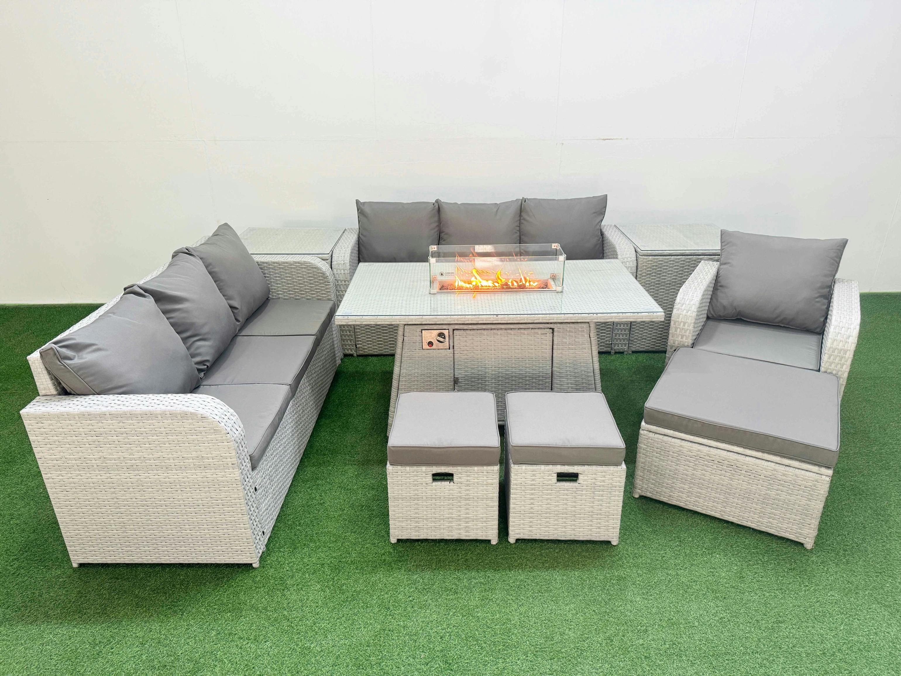Fimous Light/Grey 10 Seater Rattan Garden Furniture Set With Firepit Table, 2 Sofas, Reclining Chair, 3 Stools & 2 Side Tables