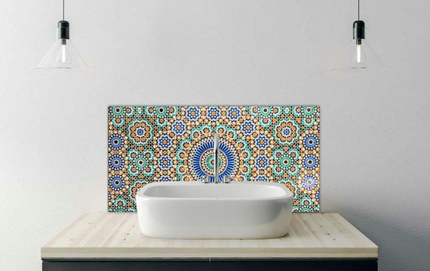 Rackhams Printed Glass Bathroom Splashback - Moroccan Vintage Tile Background - 600X300mm