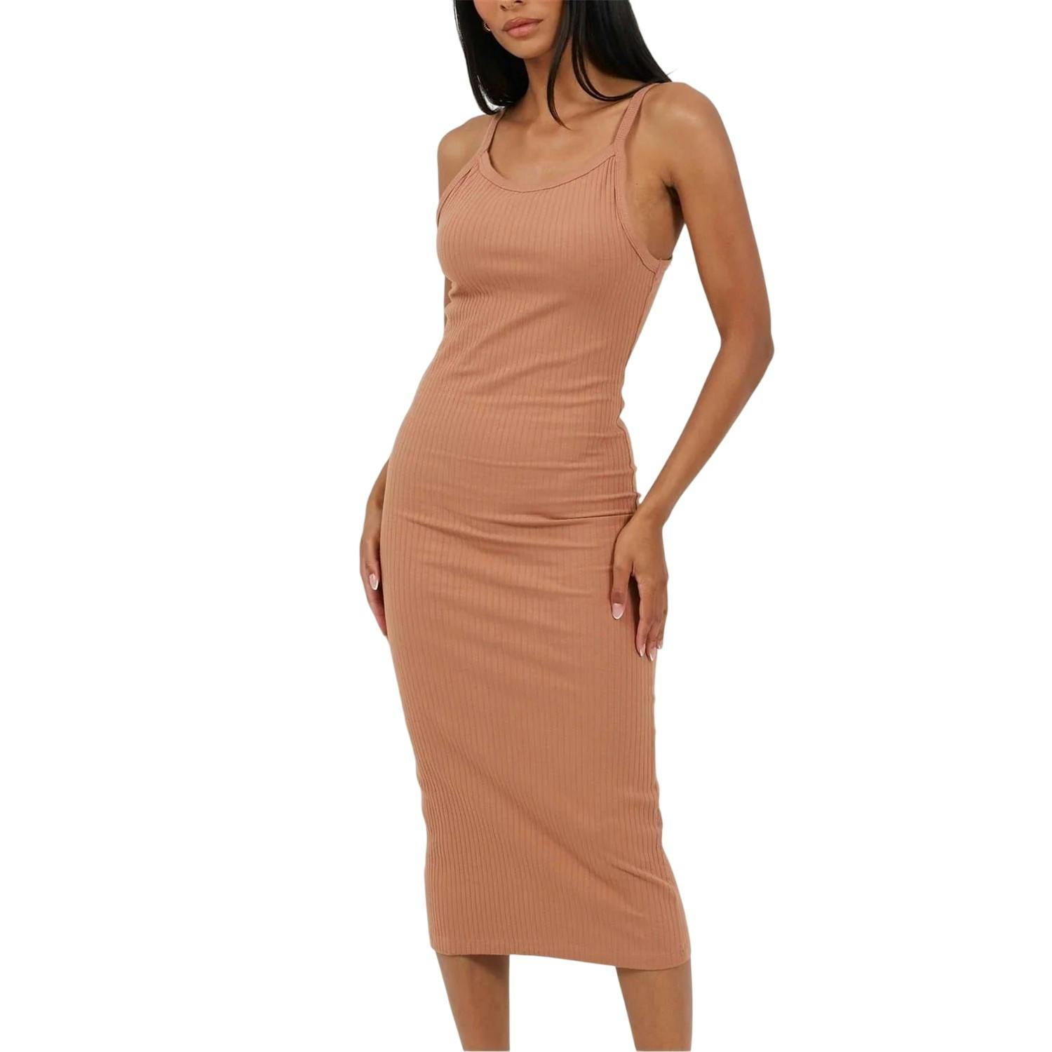 Brave Soul Women's Dark Bodycon Spaghetti Strap Midi Dress - Taupe - 14 Uk - Taupe - 100% Mixed