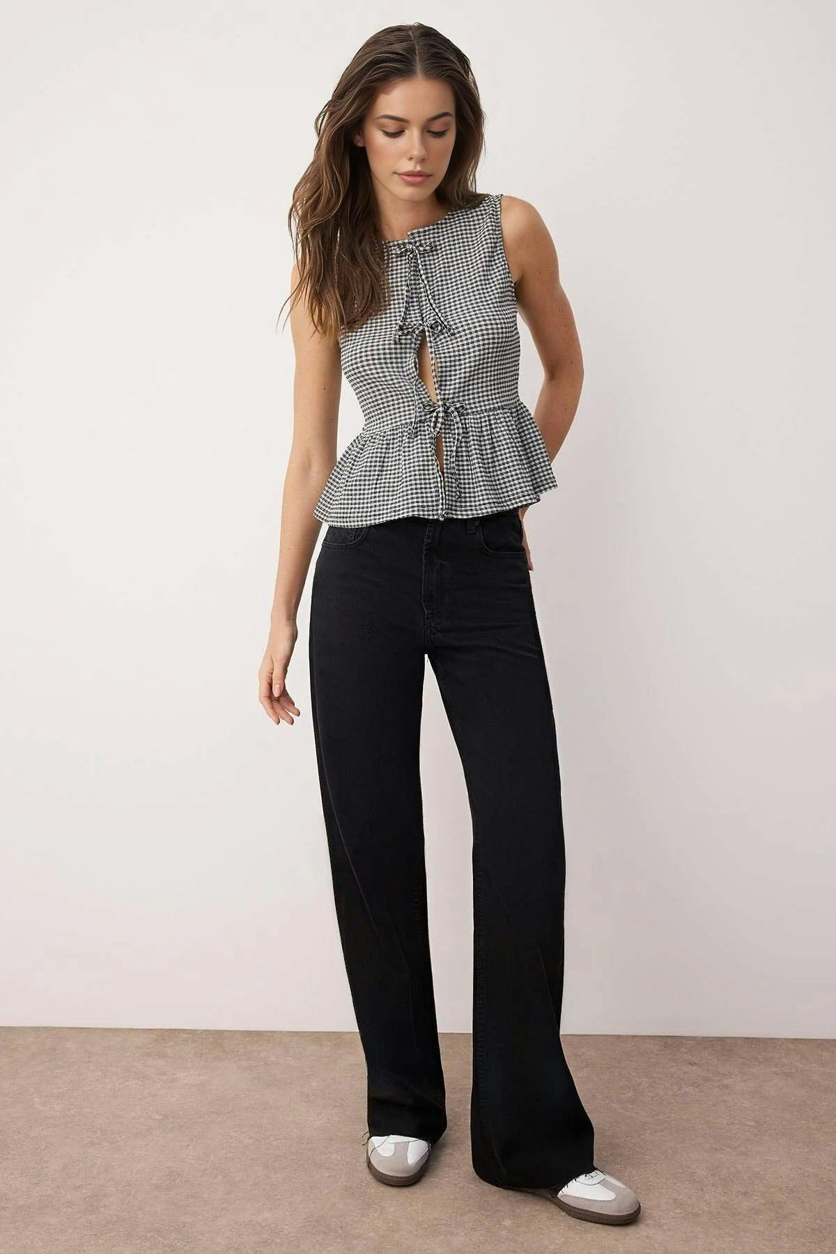 Wovcor Black Polka Dot Tie Detail Sleeveless Fitted Knit Blouse - Xs
