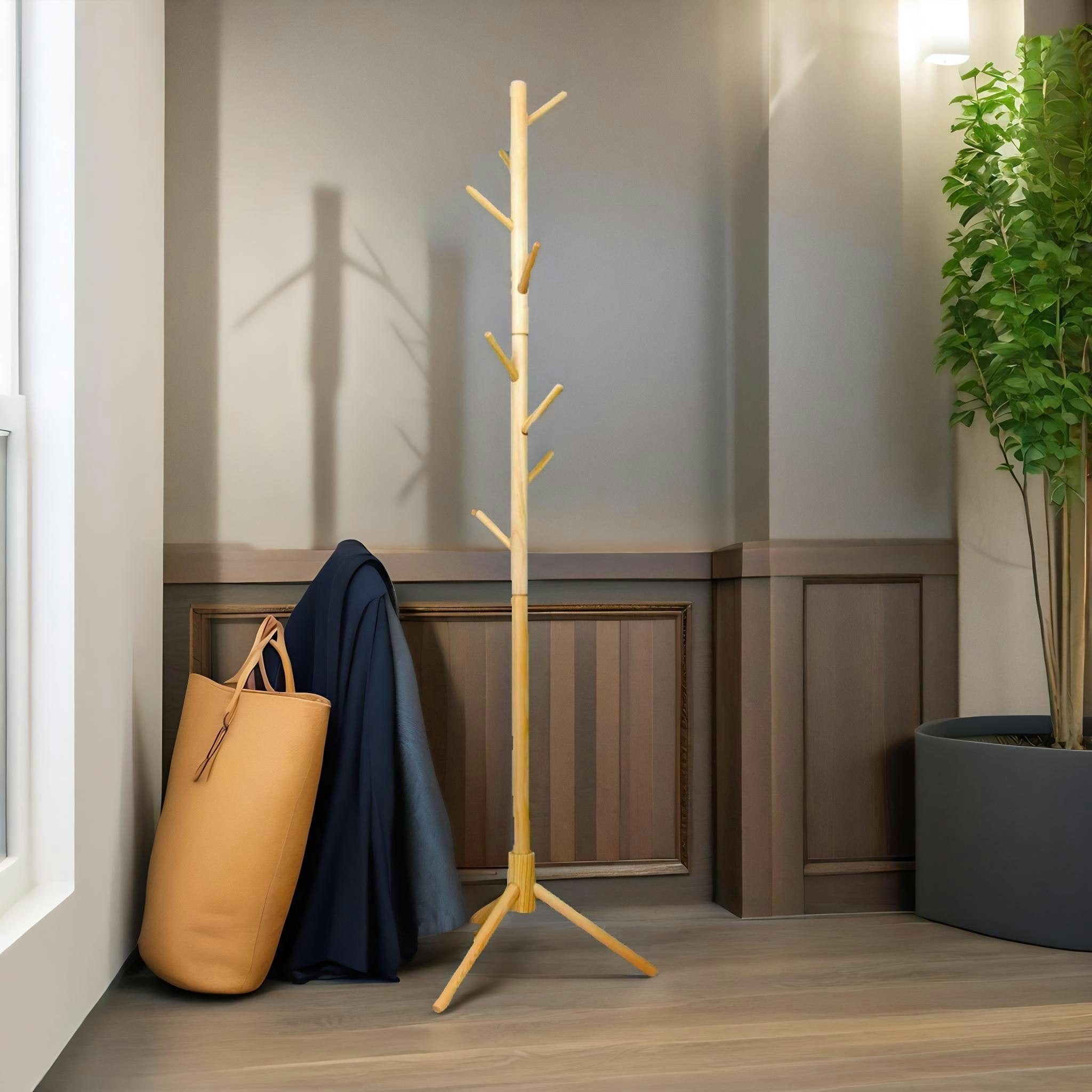 Rackhams Brown Wooden Adjustable Coat Stand With 8 Hooks