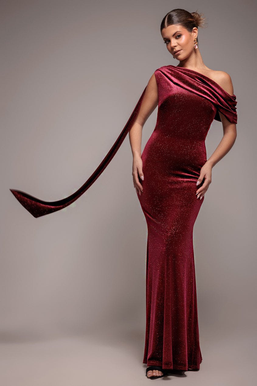 Goddiva Light Glitter Velvet Sash One Shoulder Bardot Maxi Dress - Wine By - Wine - 18