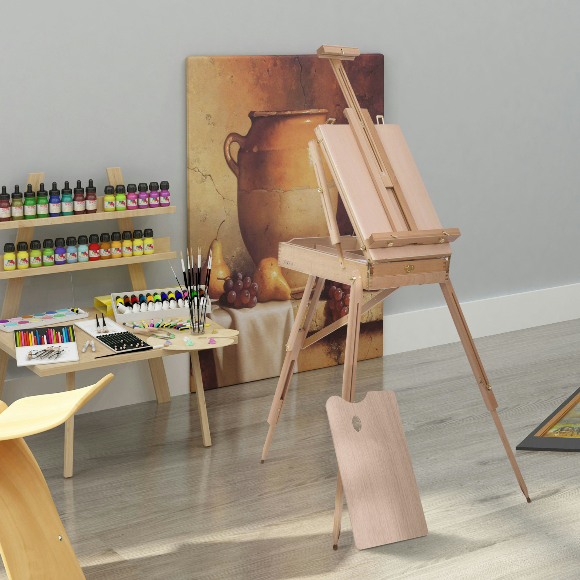 Rackhams Tripod Art Easel Wooden Drawing Board Workstation Folding French Sketch - Natural Wood Finish