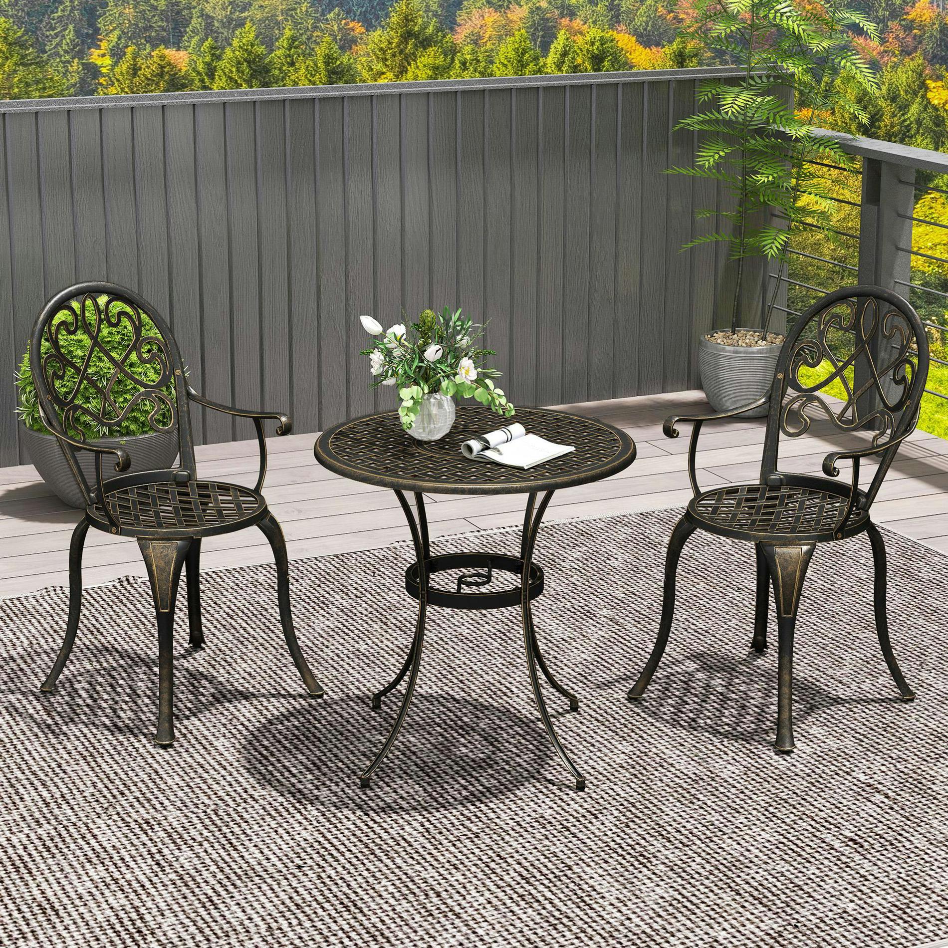 Outsunny White/Bronze 3Pcs Garden Bistro Set Cast Aluminium Round Table With 2 Chairs - Tone