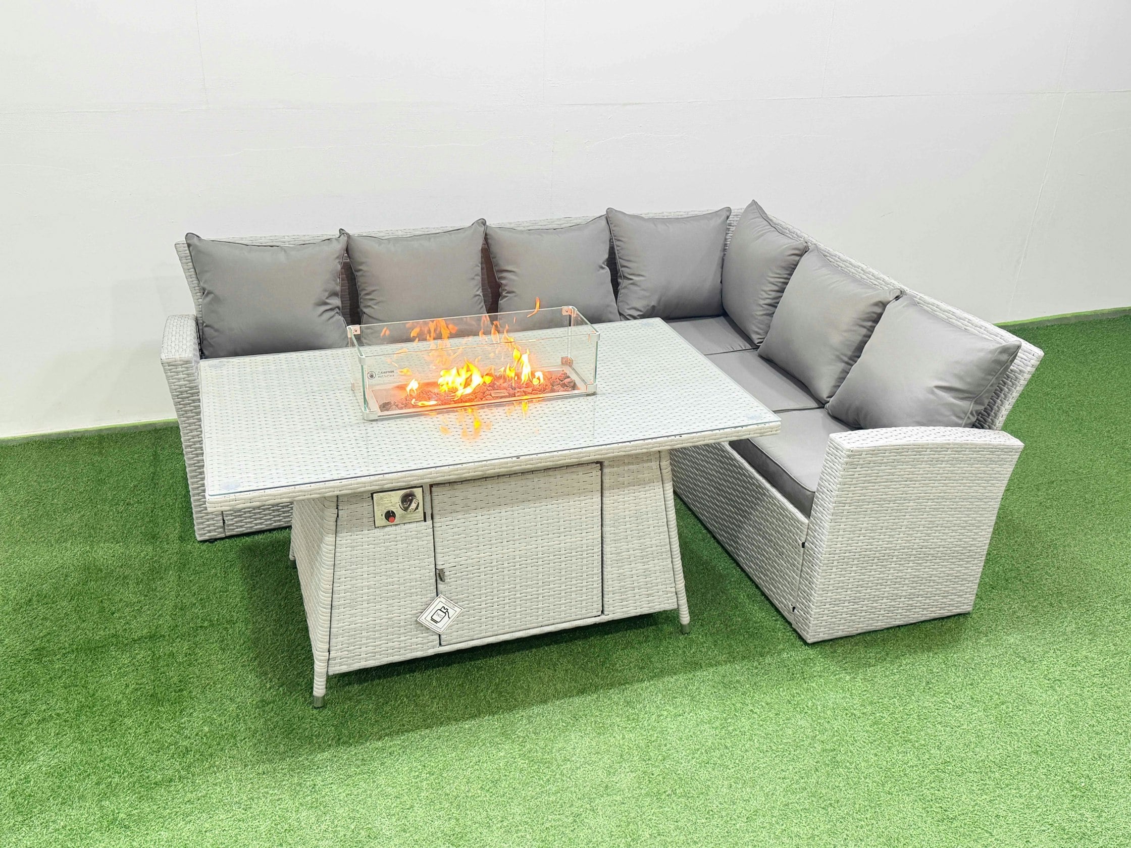 Rackhams Light/Grey 6 Seat Rattan Garden Furniture Corner Sofa Set Outdoor Gas Fire Pit Table Set